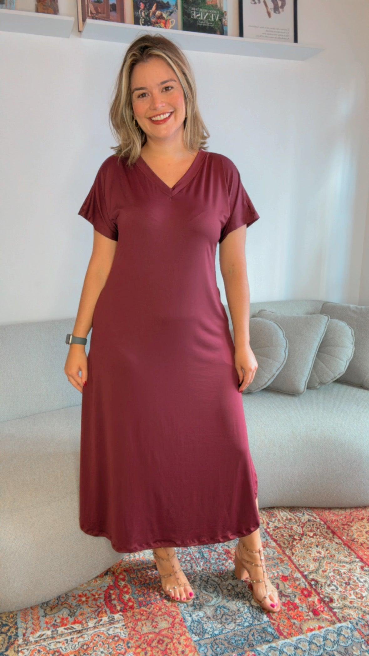 Vestido Antonella - Decote V e Fendas Laterais em Malha Confort - Bazar Online