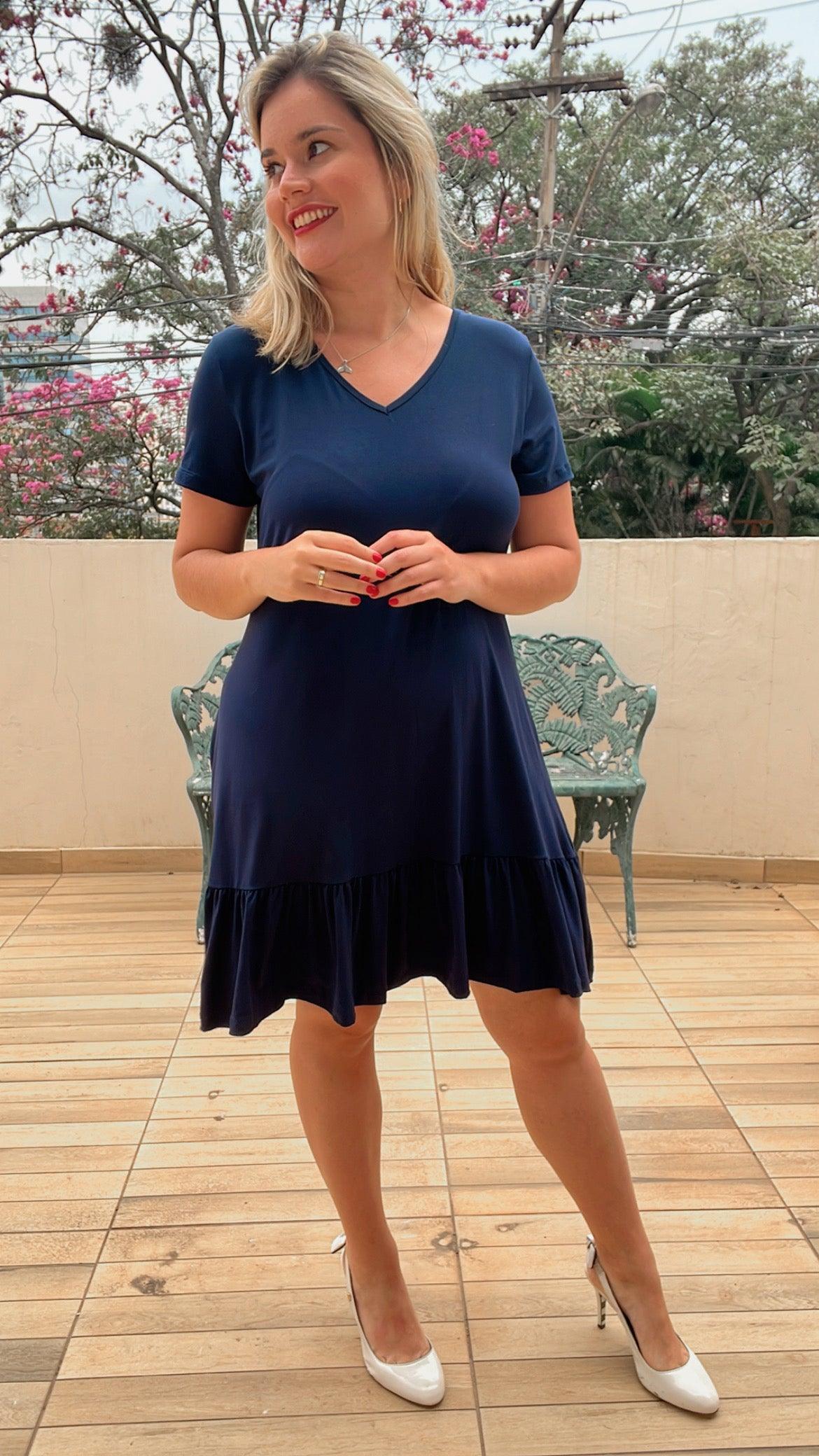 Vestido Verona - Babado Gola V e Manga Curta - Bazar Online