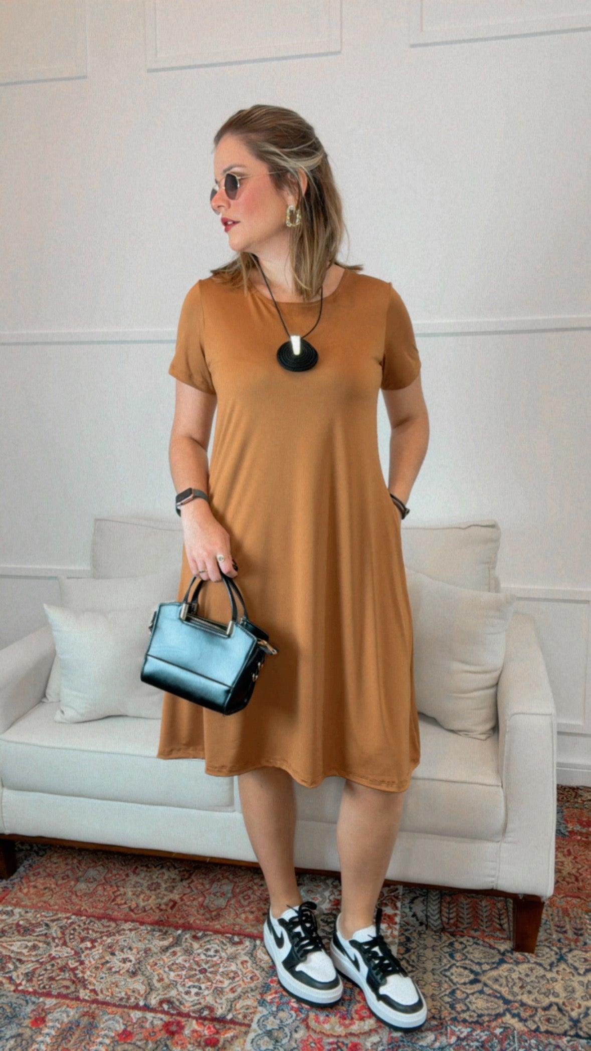 Vestido Sara - Malha Confort Midi com Manga - Bazar Online