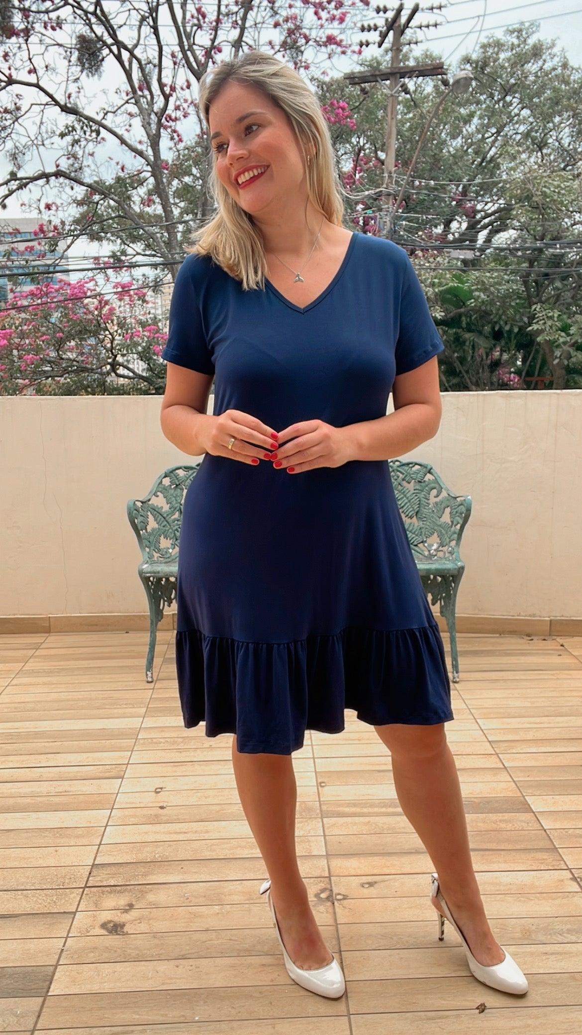 Vestido Verona - Babado Gola V e Manga Curta - Bazar Online