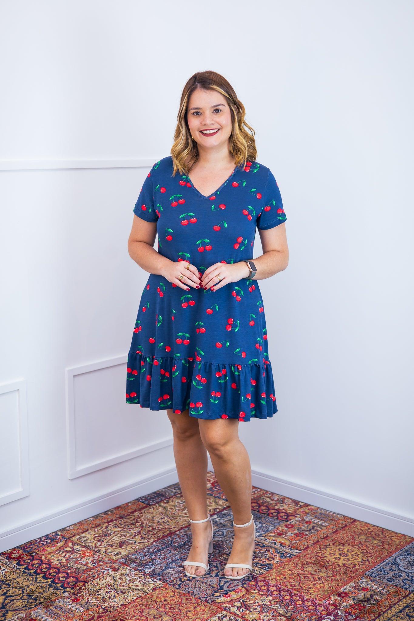 Vestido Verona - Babado Gola V e Manga Curta - Bazar Online