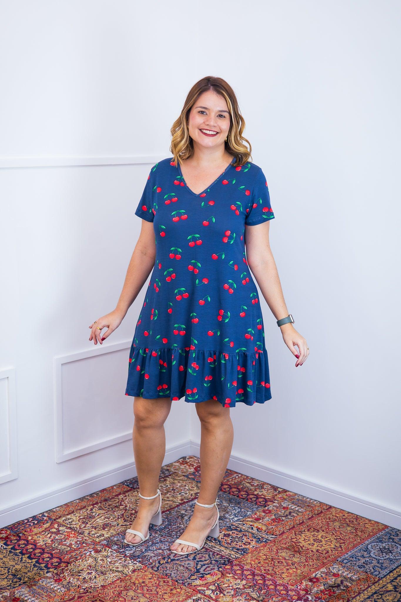 Vestido Verona - Babado Gola V e Manga Curta - Bazar Online