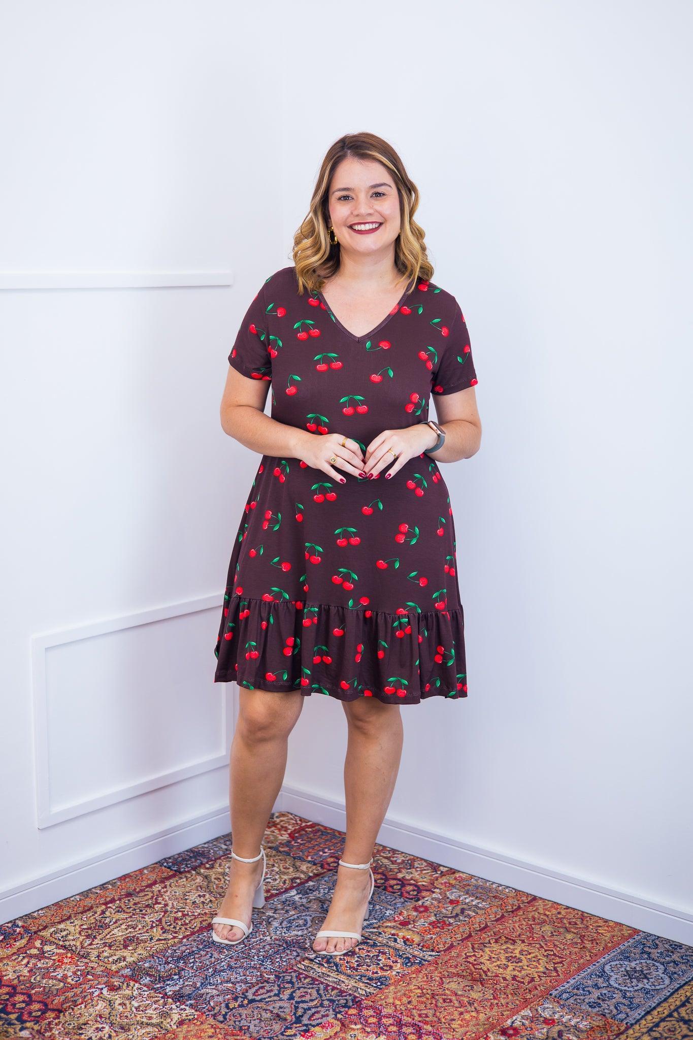 Vestido Verona - Babado Gola V e Manga Curta - Bazar Online