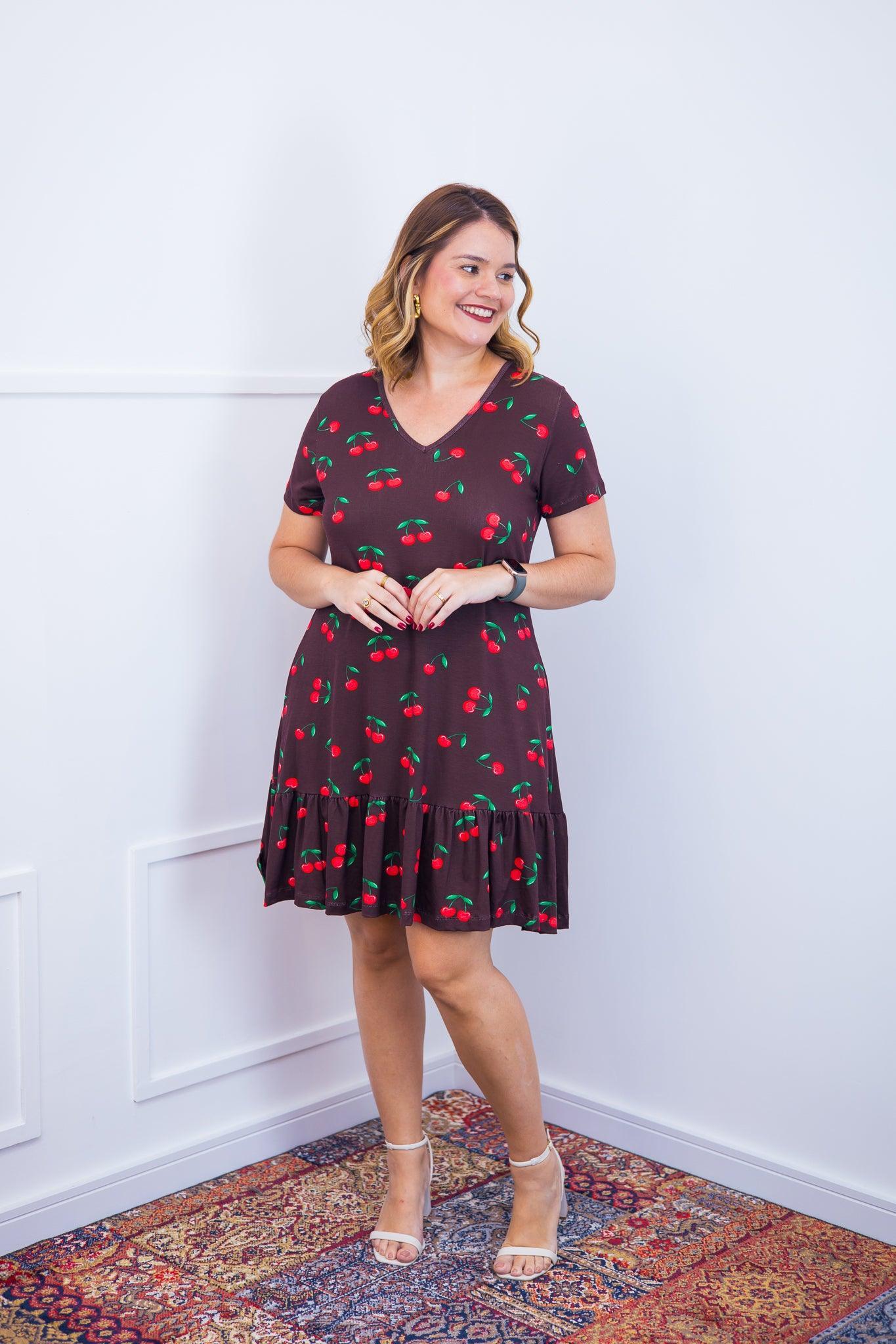 Vestido Verona - Babado Gola V e Manga Curta - Bazar Online