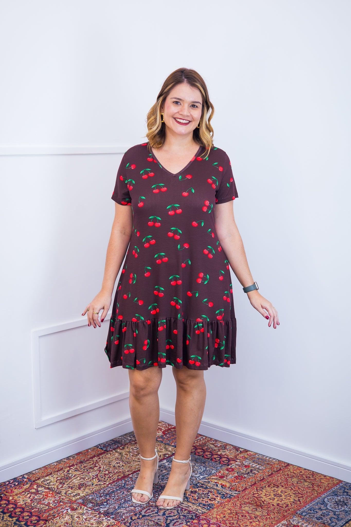 Vestido Verona - Babado Gola V e Manga Curta - Bazar Online