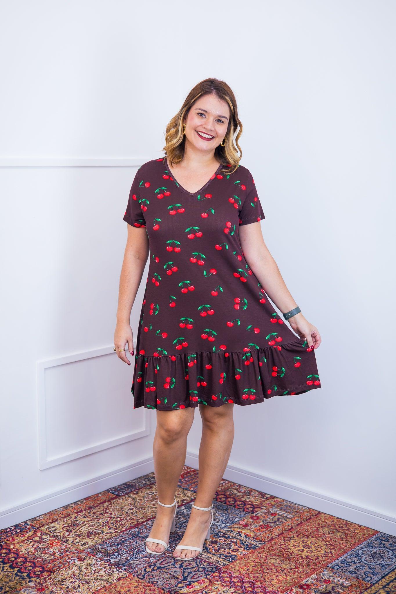 Vestido Verona - Babado Gola V e Manga Curta - Bazar Online