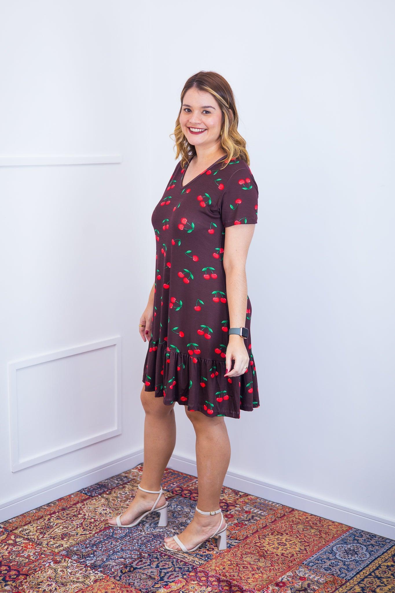 Vestido Verona - Babado Gola V e Manga Curta - Bazar Online