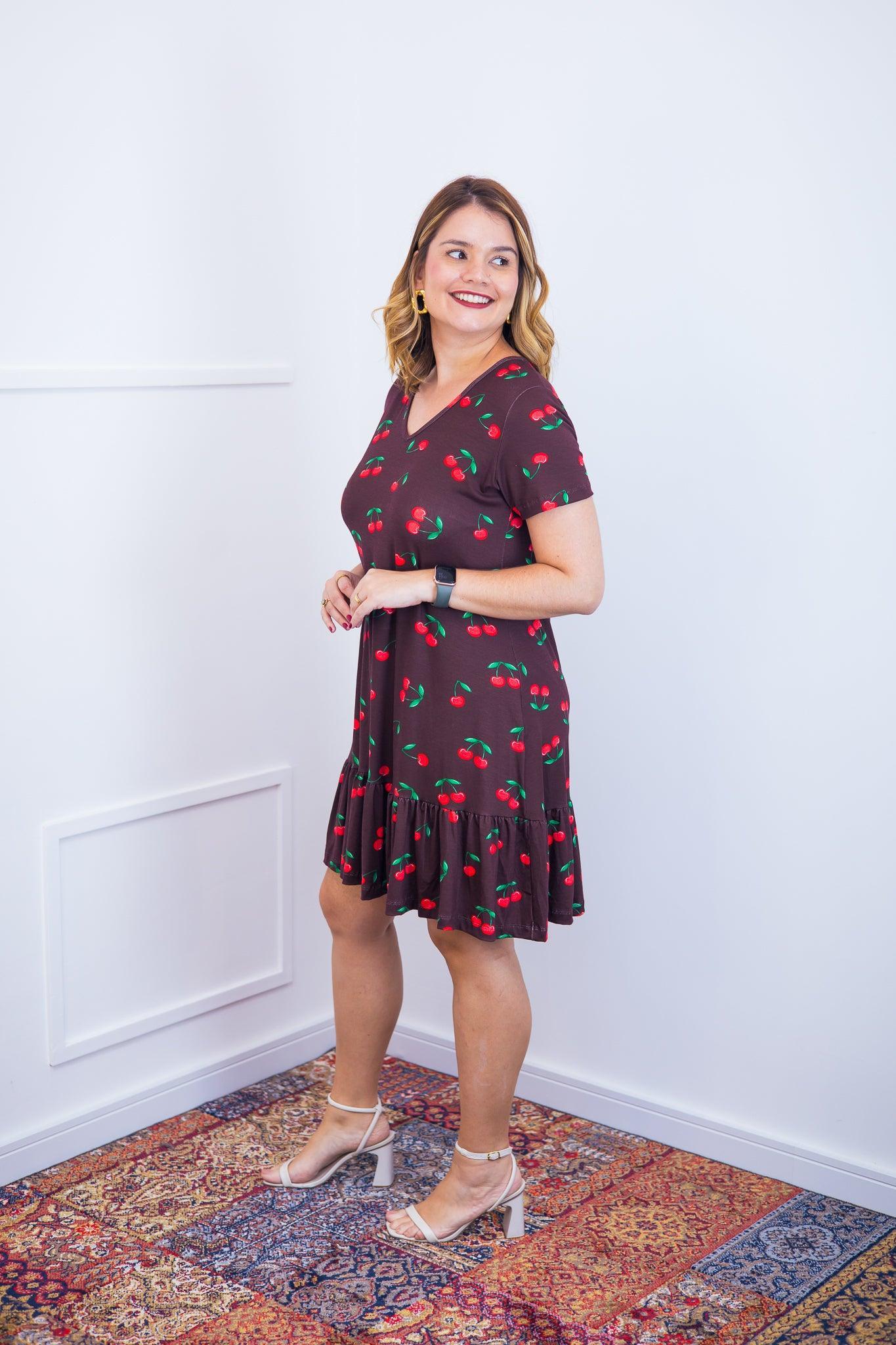 Vestido Verona - Babado Gola V e Manga Curta - Bazar Online