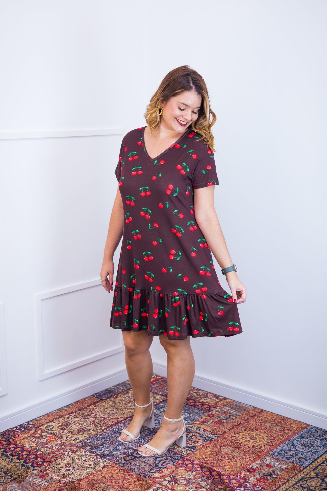 Vestido Verona - Babado Gola V e Manga Curta - Bazar Online