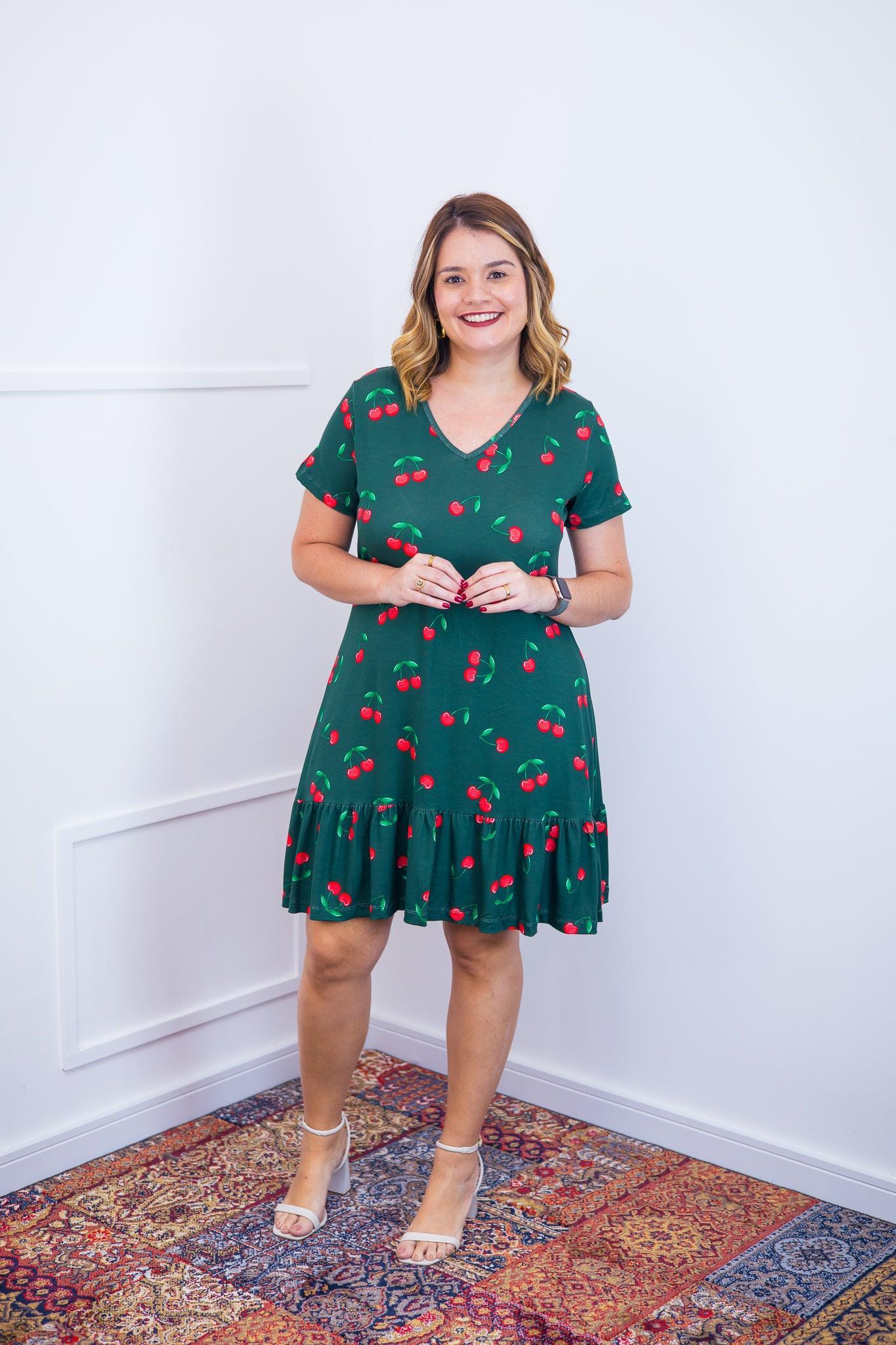 Vestido Verona - Babado Gola V e Manga Curta - Bazar Online