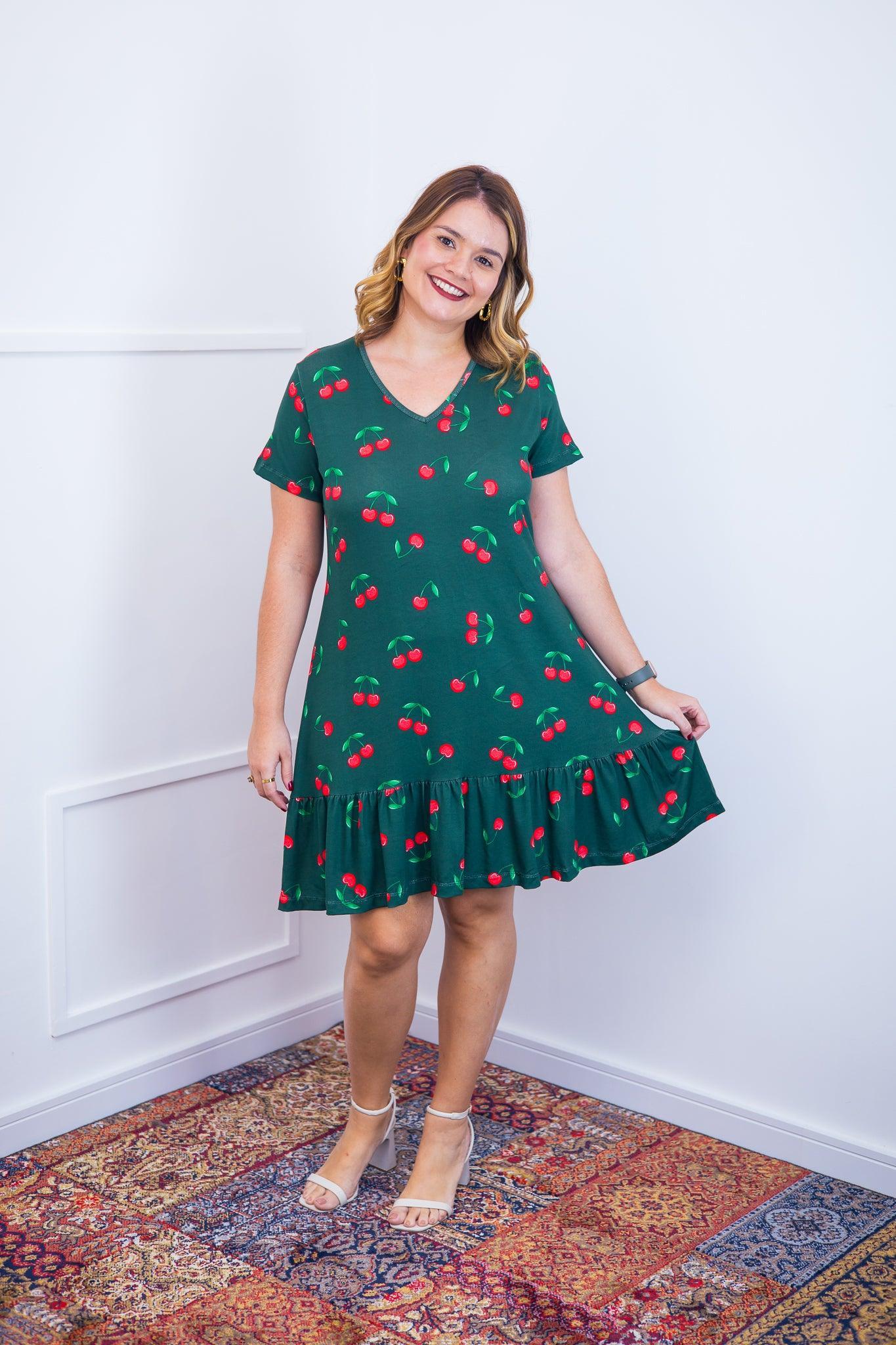 Vestido Verona - Babado Gola V e Manga Curta - Bazar Online