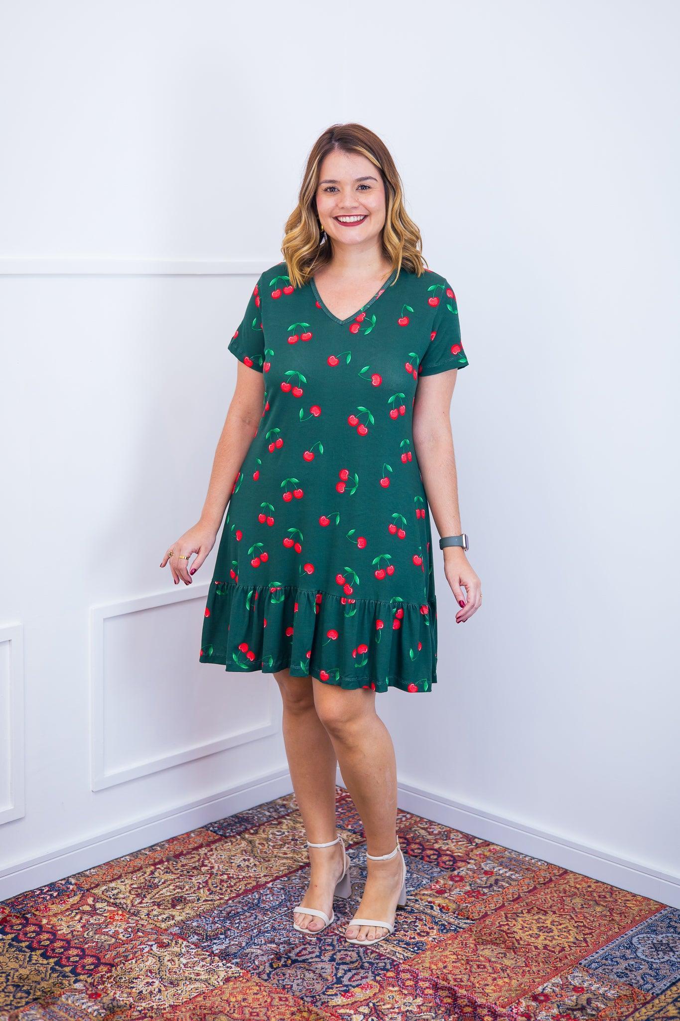 Vestido Verona - Babado Gola V e Manga Curta - Bazar Online