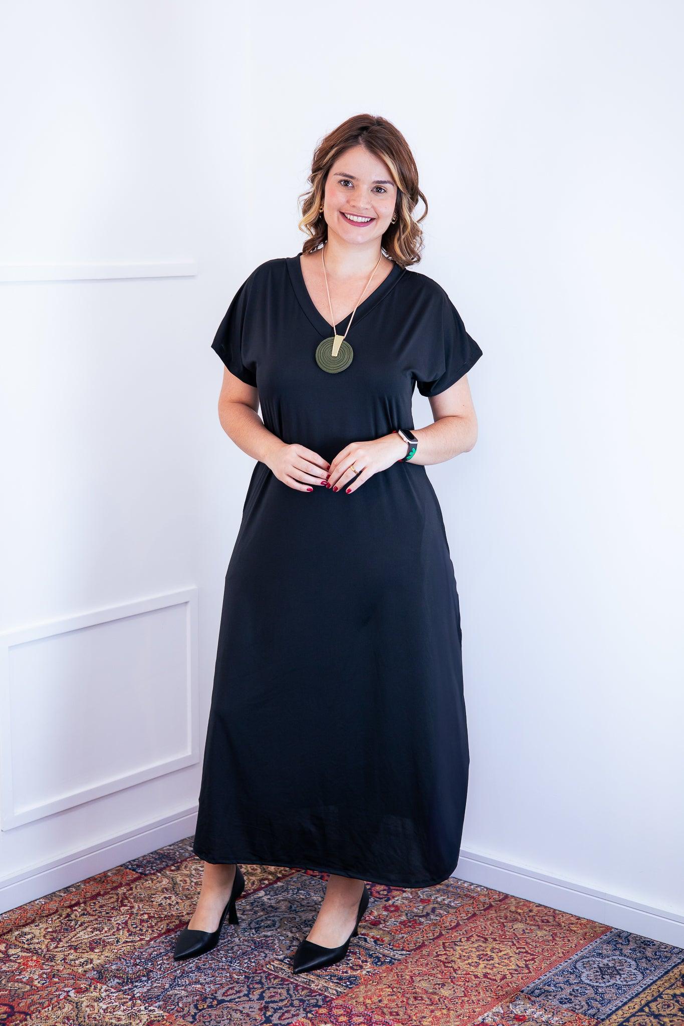 Vestido Antonella - Decote V e Fendas Laterais em Malha Confort - Bazar Online