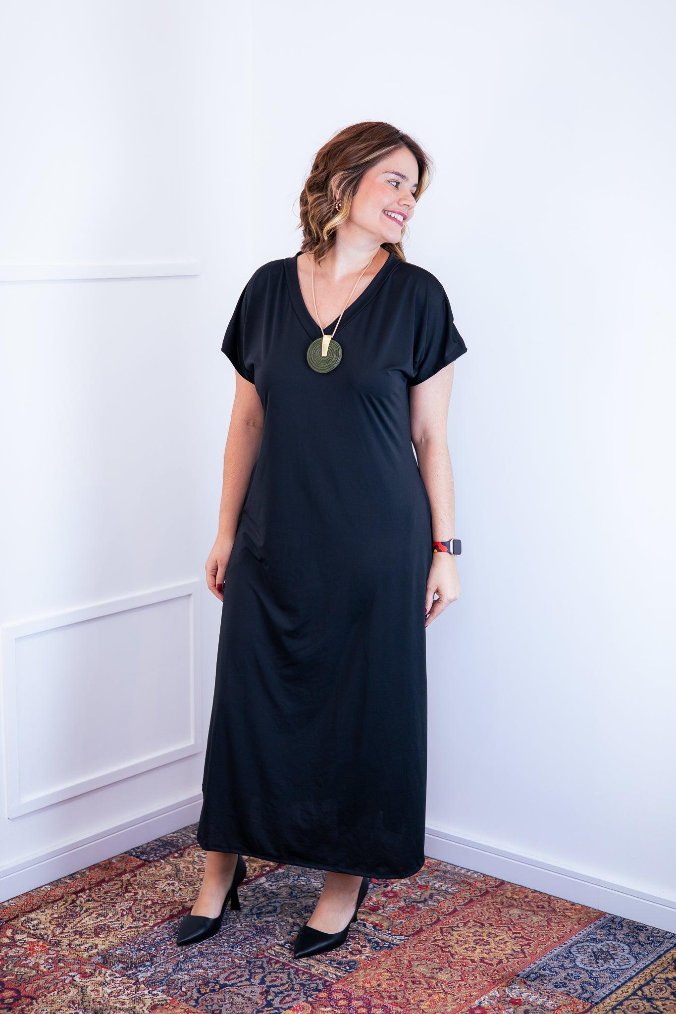 Vestido Antonella - Decote V e Fendas Laterais em Malha Confort - Bazar Online