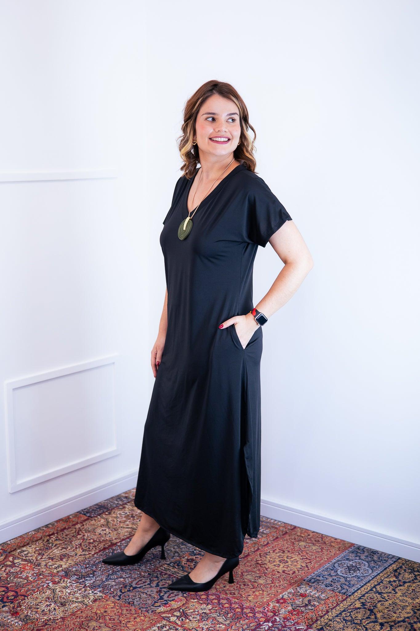 Vestido Antonella - Decote V e Fendas Laterais em Malha Confort - Bazar Online