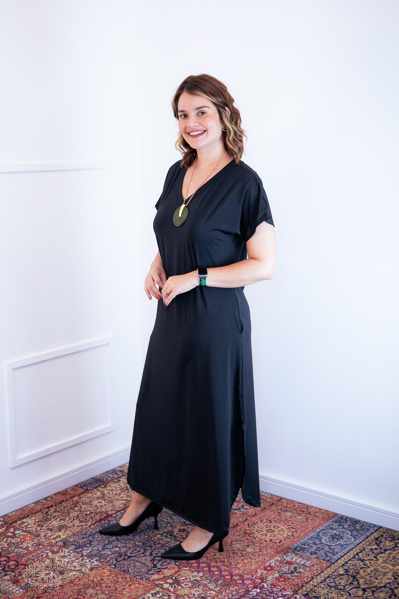 Vestido Antonella - Decote V e Fendas Laterais em Malha Confort - Bazar Online