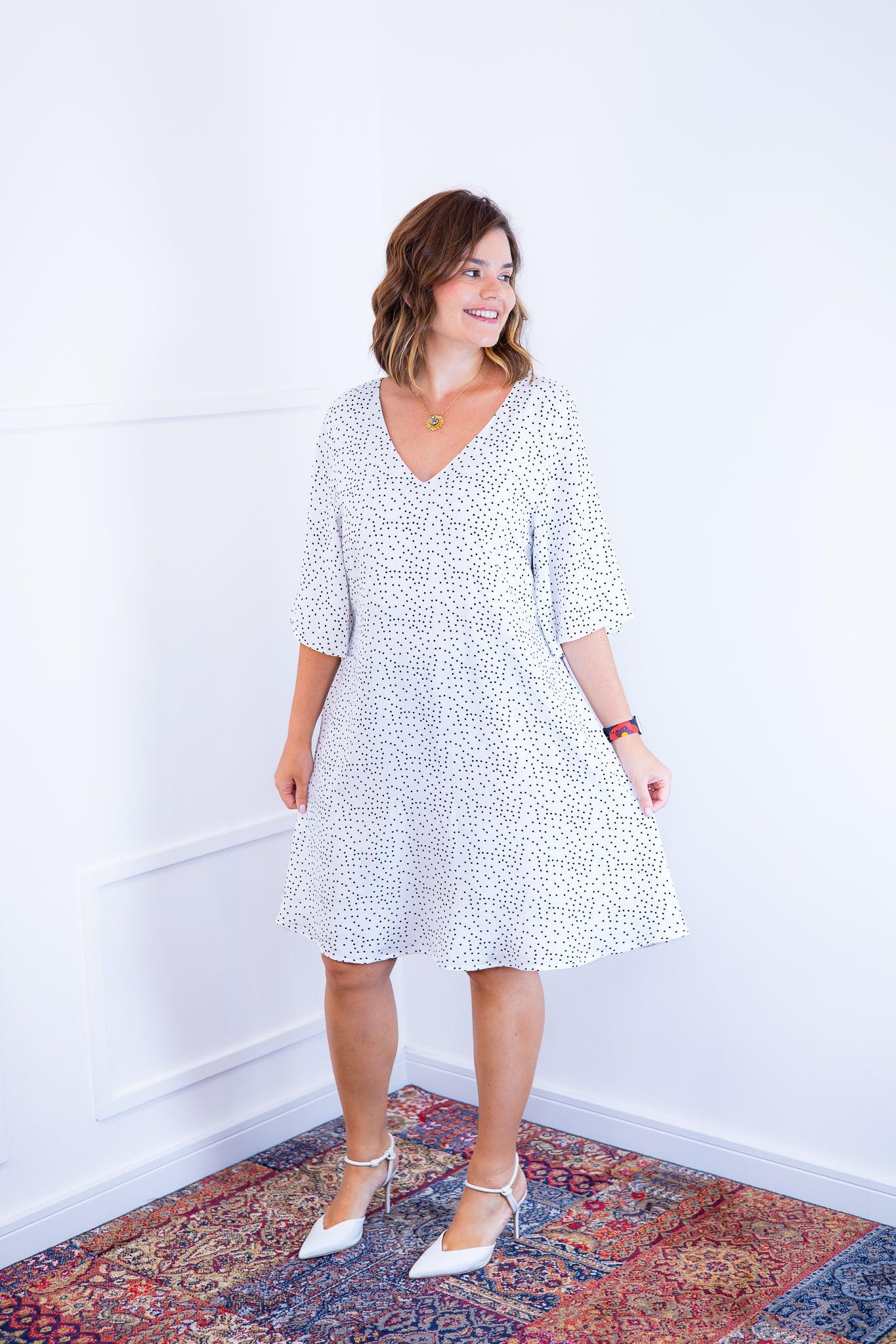 Vestido Sabrina - Decote V Manga Morcego em Viscolinho - Bazar Online