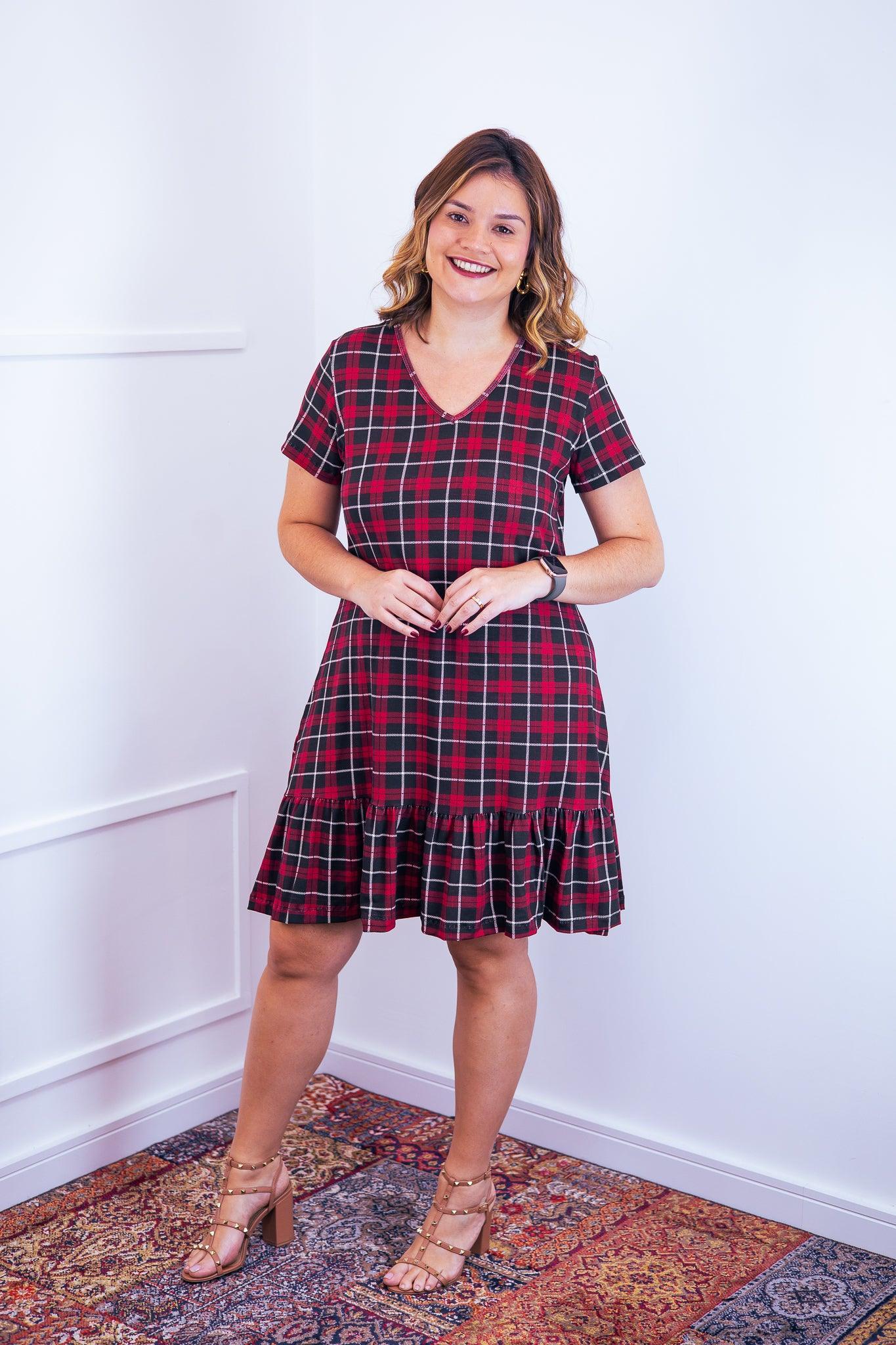 Vestido Verona - Babado Gola V e Manga Curta - Bazar Online