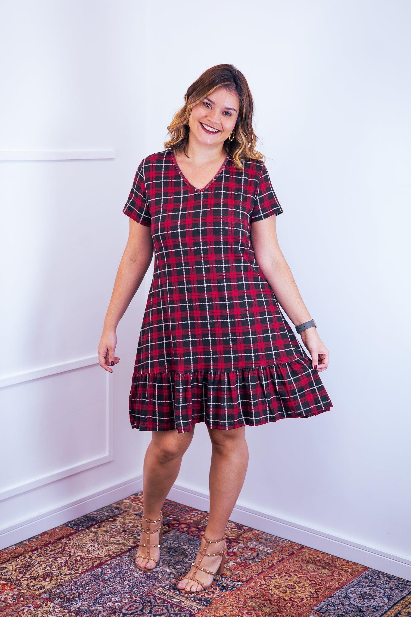 Vestido Verona - Babado Gola V e Manga Curta - Bazar Online