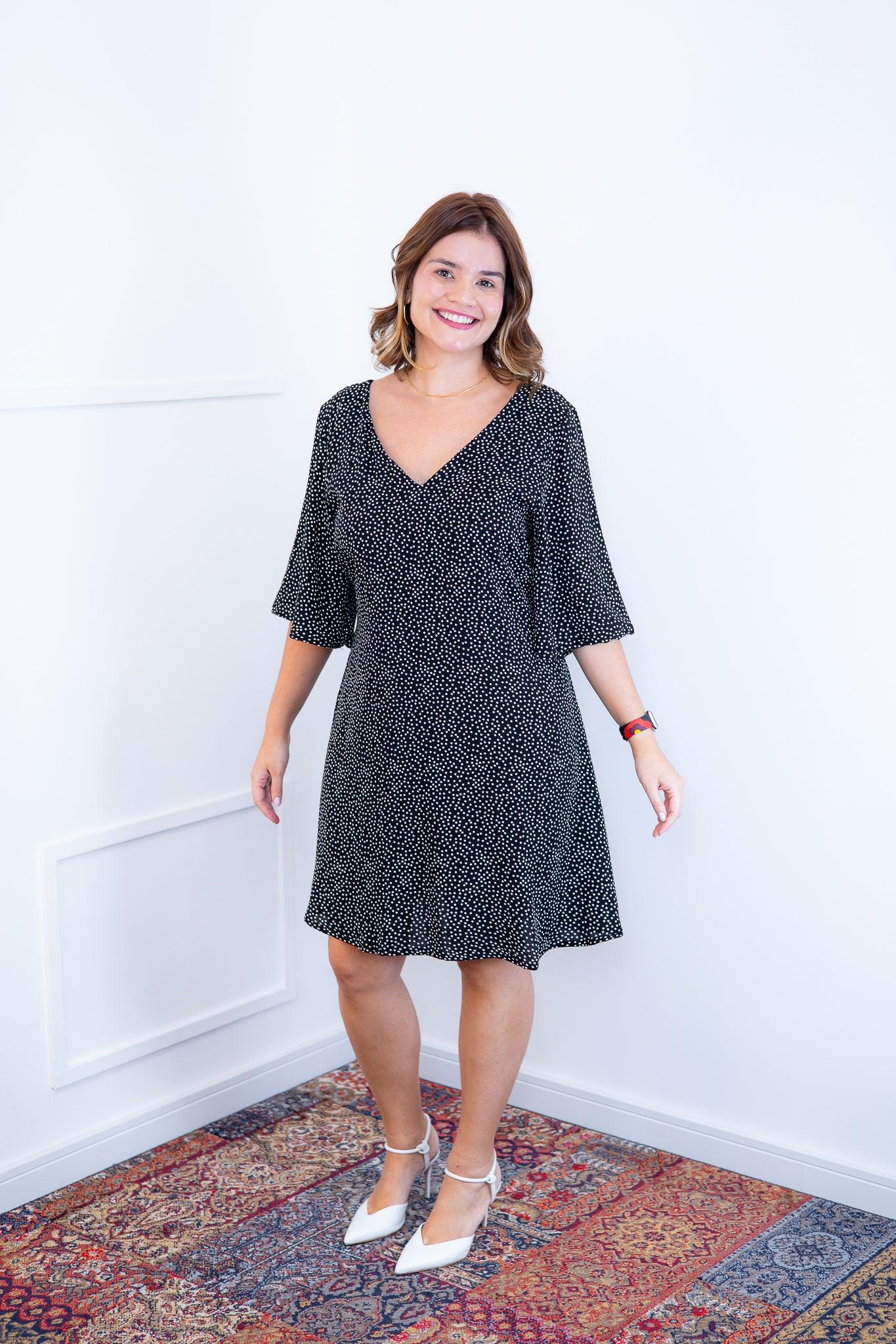 Vestido Sabrina - Decote V Manga Morcego em Viscolinho - Bazar Online