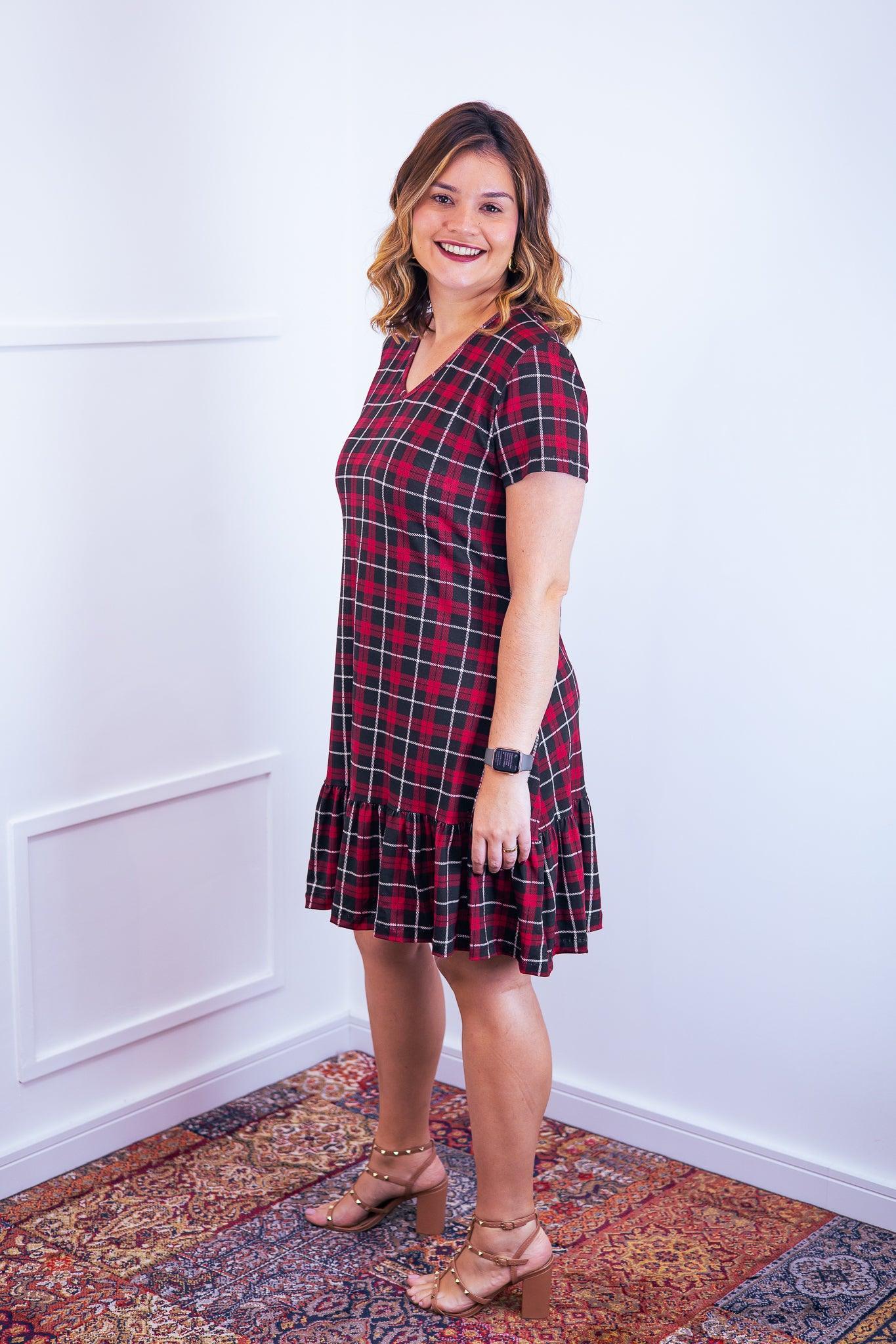 Vestido Verona - Babado Gola V e Manga Curta - Bazar Online