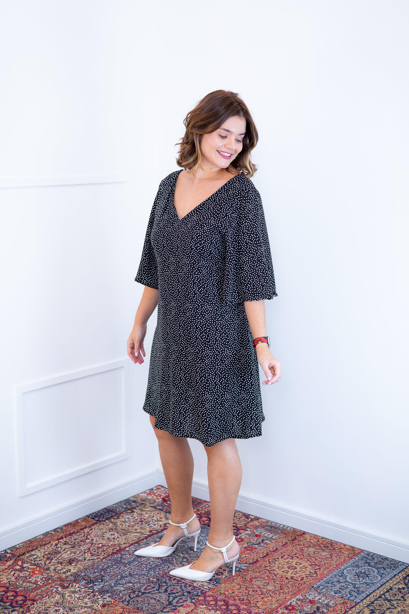 Vestido Sabrina - Decote V Manga Morcego em Viscolinho - Bazar Online