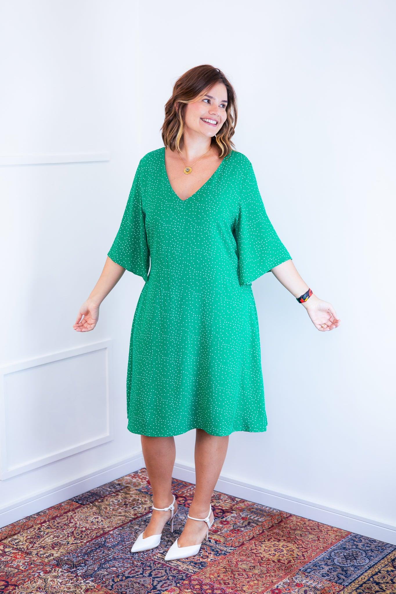 Vestido Sabrina - Decote V Manga Morcego em Viscolinho - Bazar Online