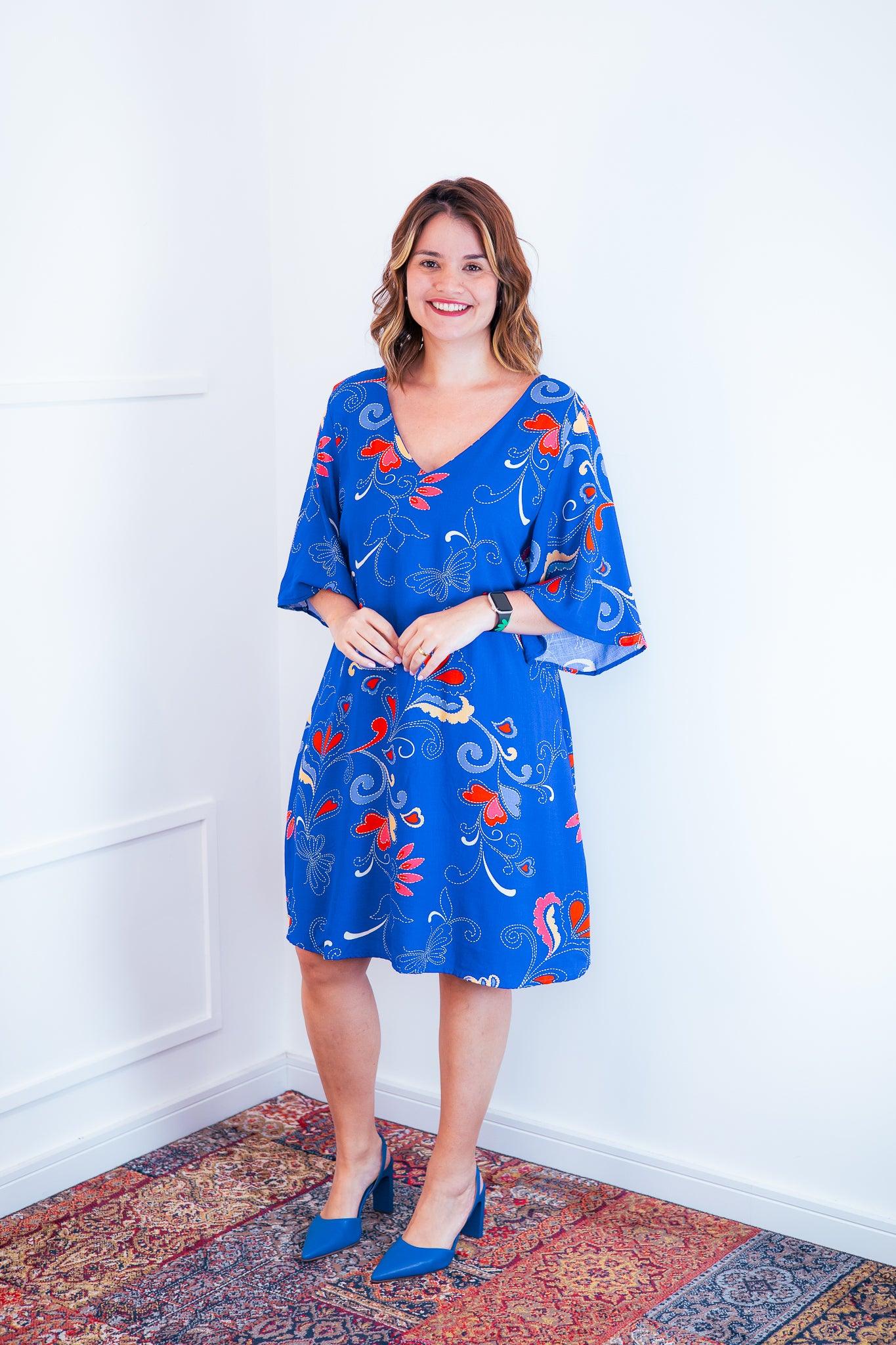 Vestido Sabrina - Decote V Manga Morcego em Viscolinho - Bazar Online