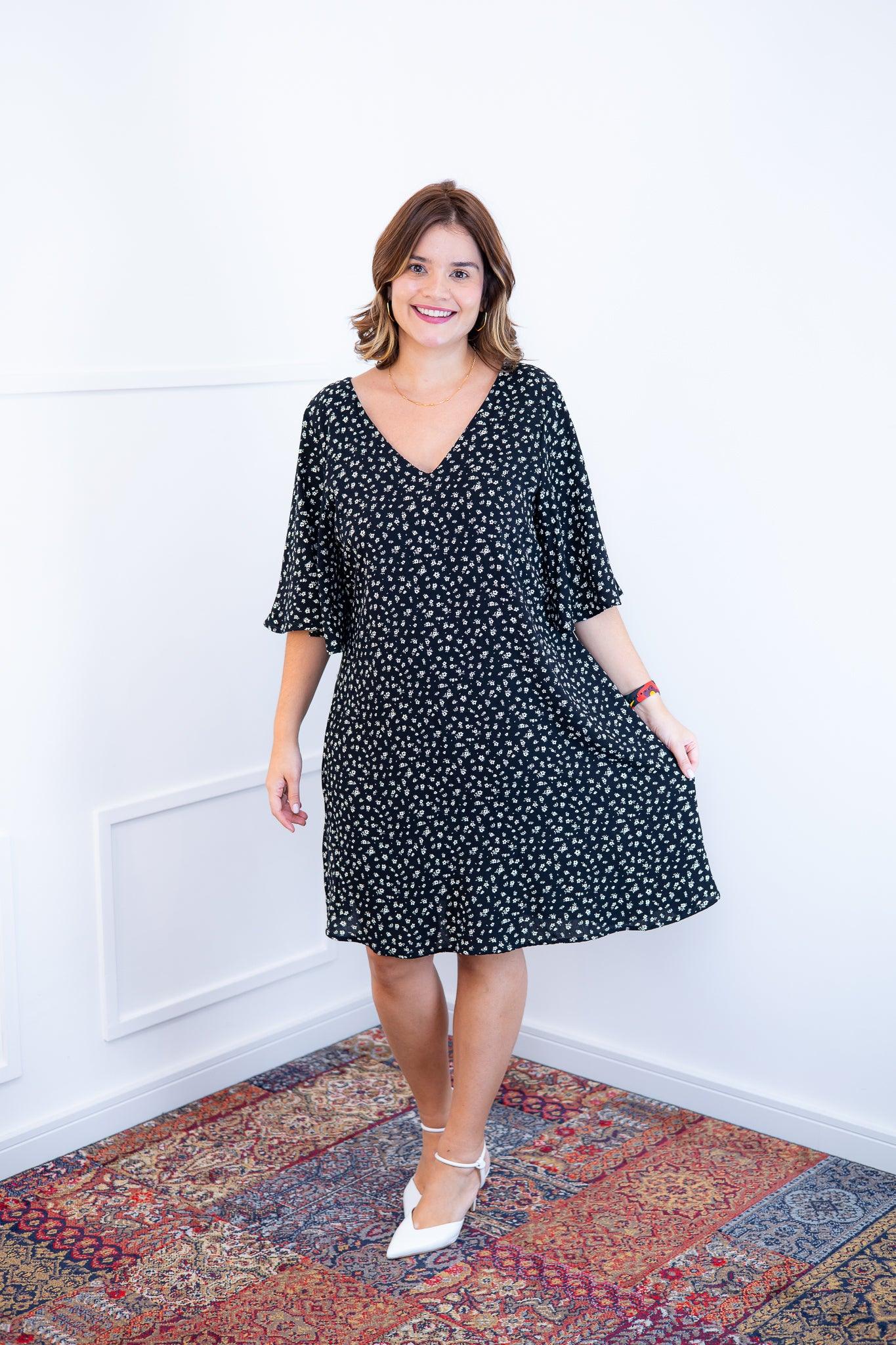 Vestido Sabrina - Decote V Manga Morcego em Viscolinho - Bazar Online