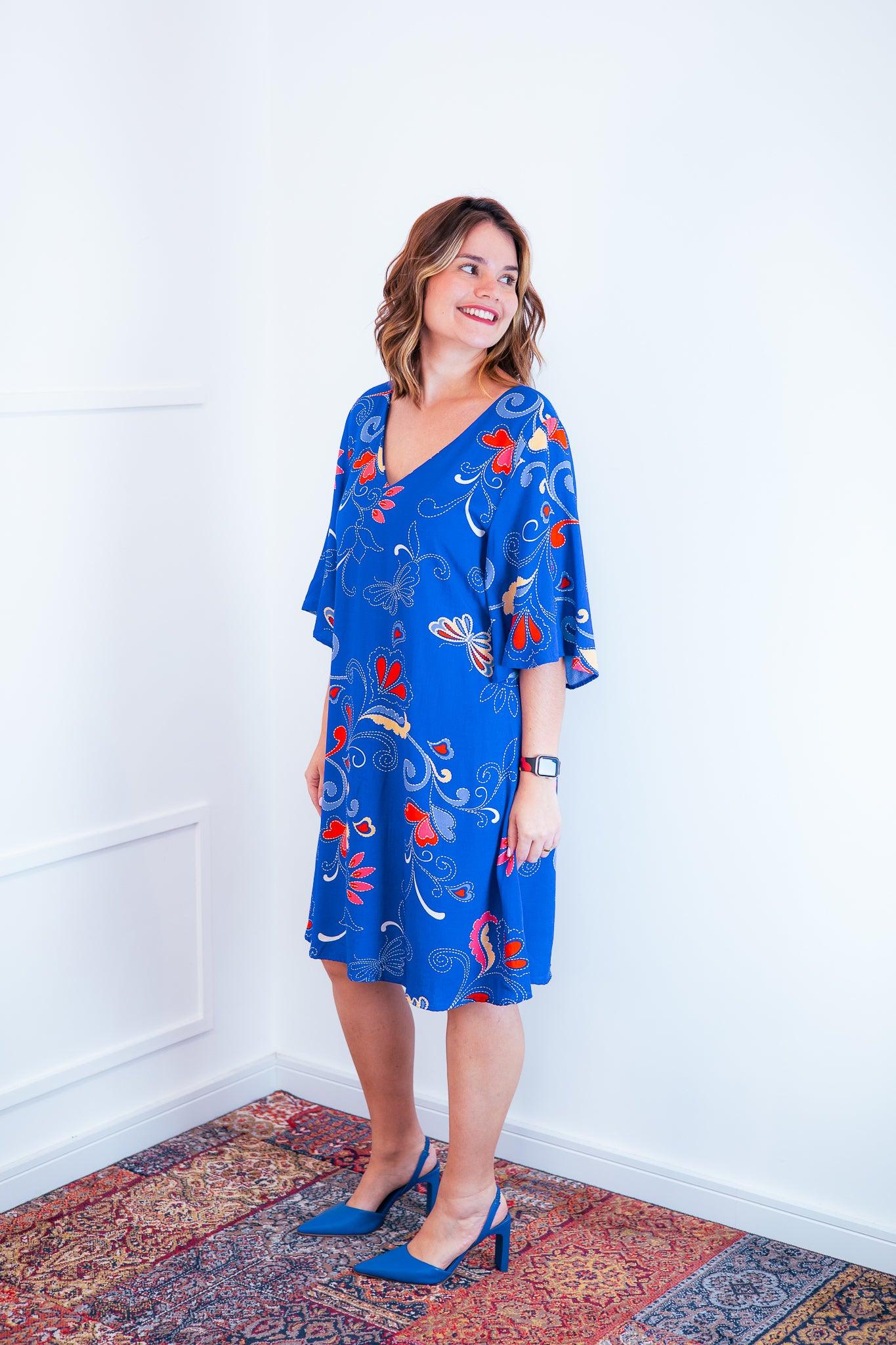 Vestido Sabrina - Decote V Manga Morcego em Viscolinho - Bazar Online