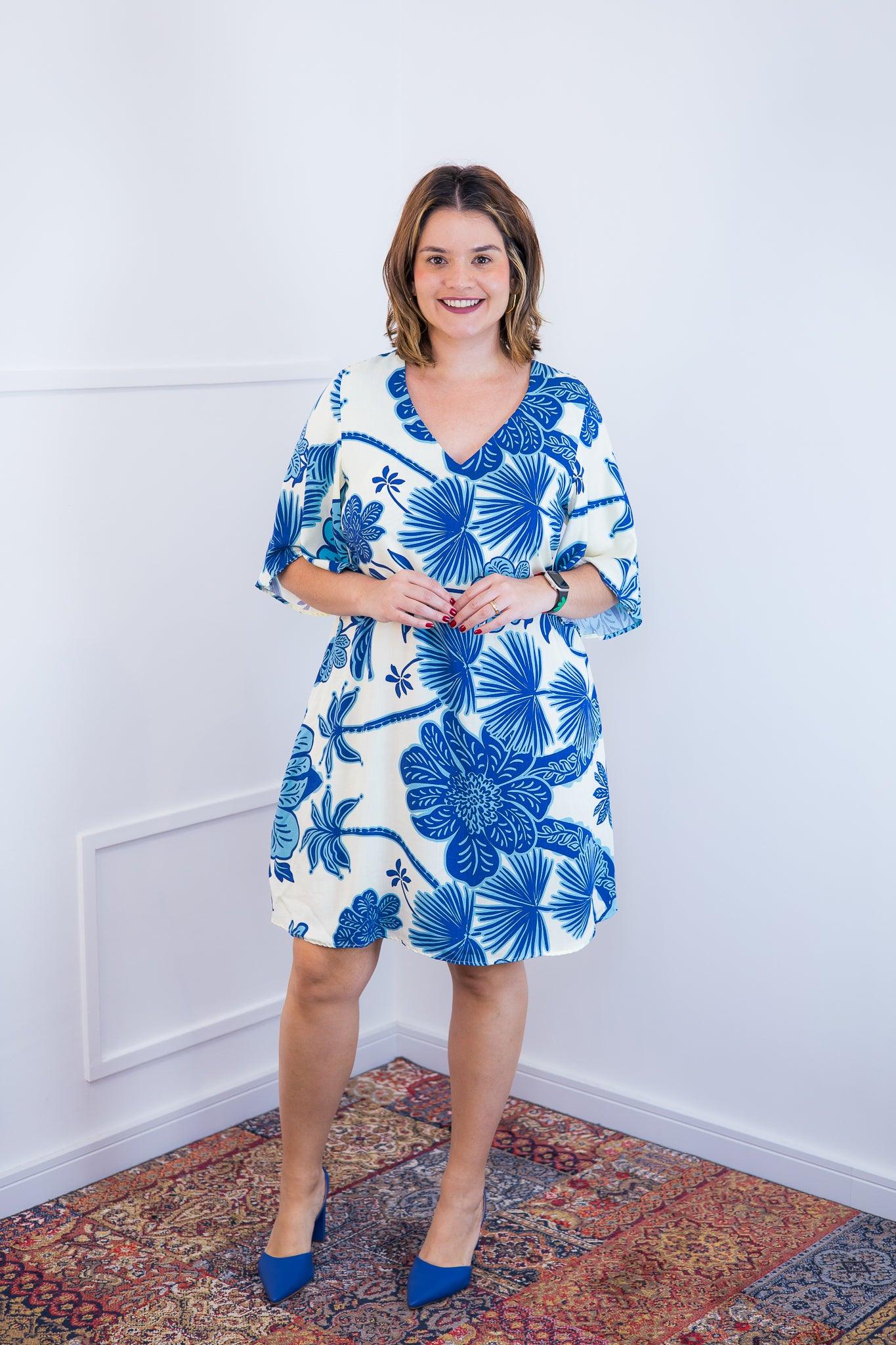 Vestido Sabrina - Decote V Manga Morcego em Viscolinho - Bazar Online