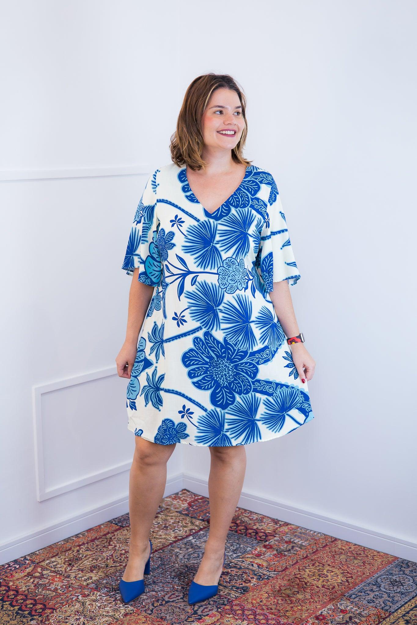 Vestido Sabrina - Decote V Manga Morcego em Viscolinho - Bazar Online