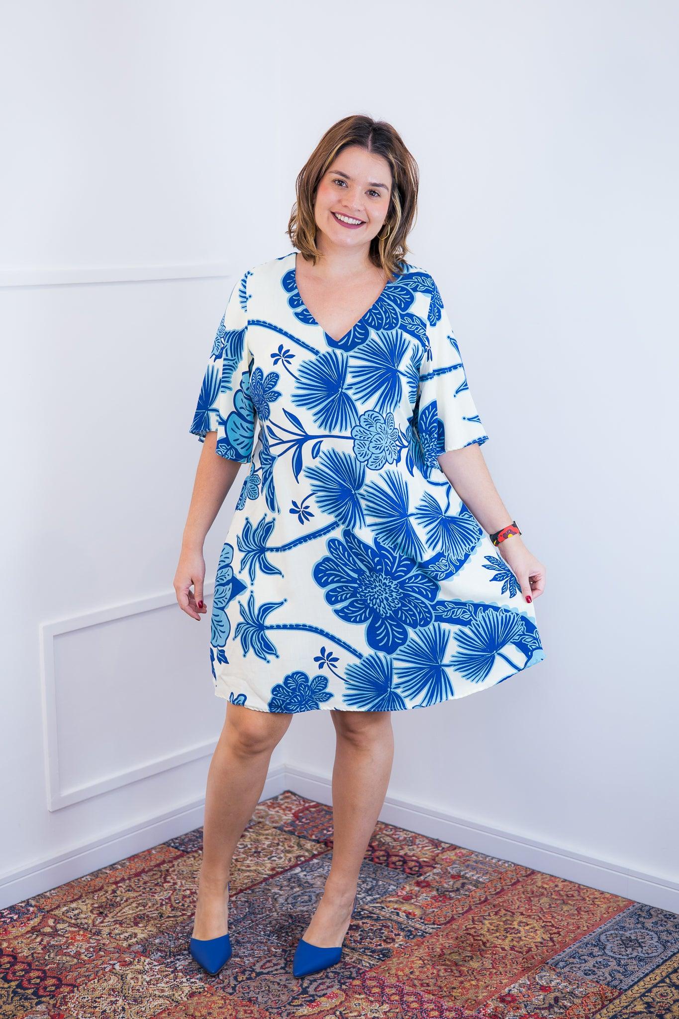 Vestido Sabrina - Decote V Manga Morcego em Viscolinho - Bazar Online