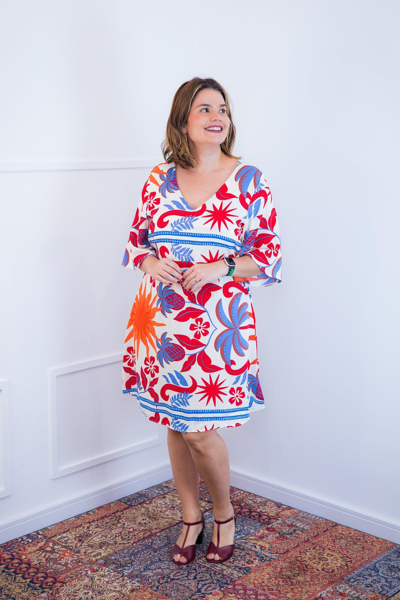 Vestido Sabrina - Decote V Manga Morcego em Viscolinho - Bazar Online