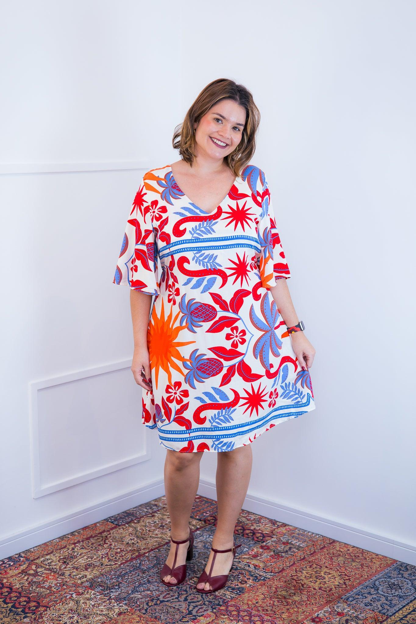 Vestido Sabrina - Decote V Manga Morcego em Viscolinho - Bazar Online