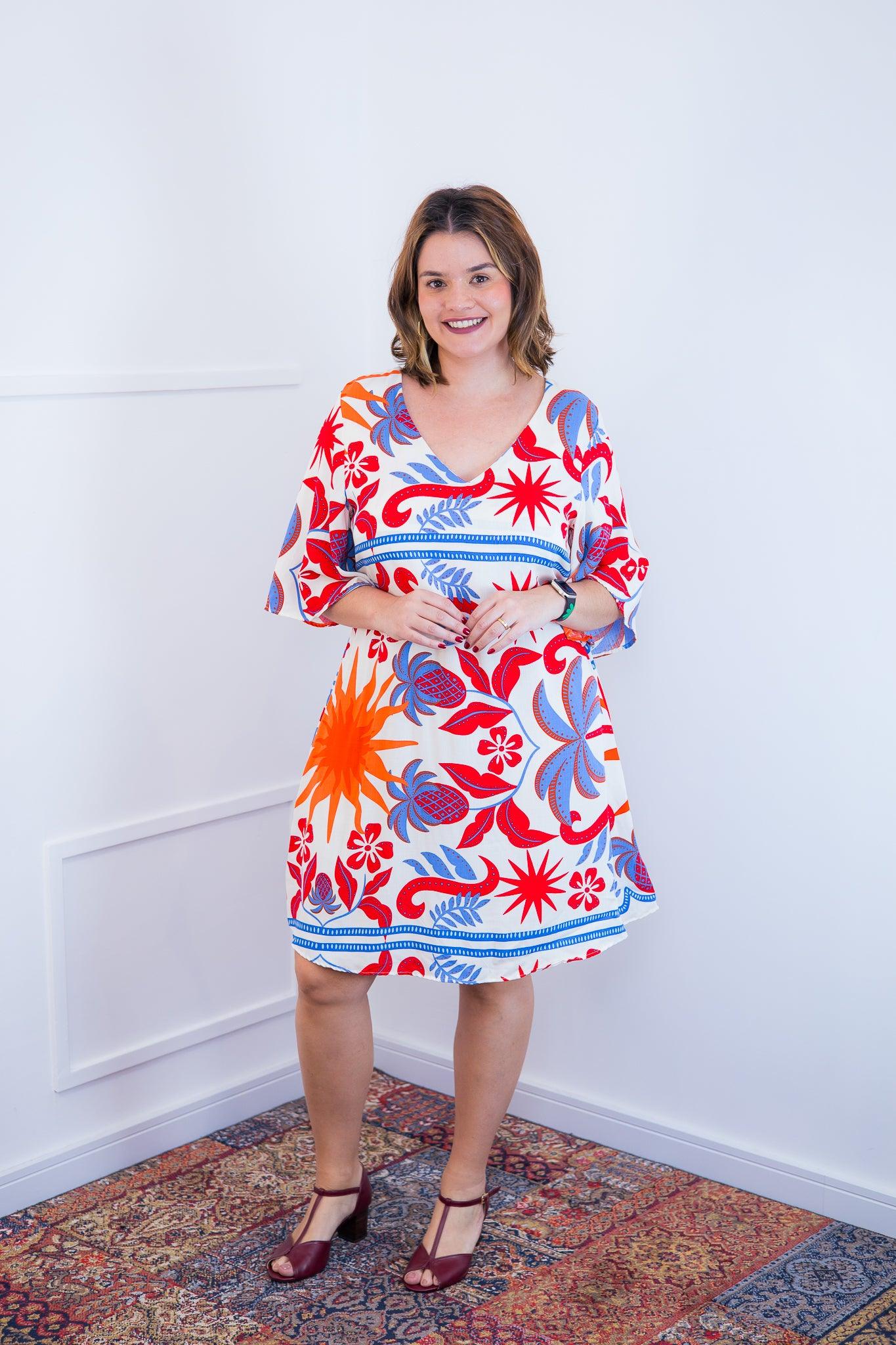 Vestido Sabrina - Decote V Manga Morcego em Viscolinho - Bazar Online