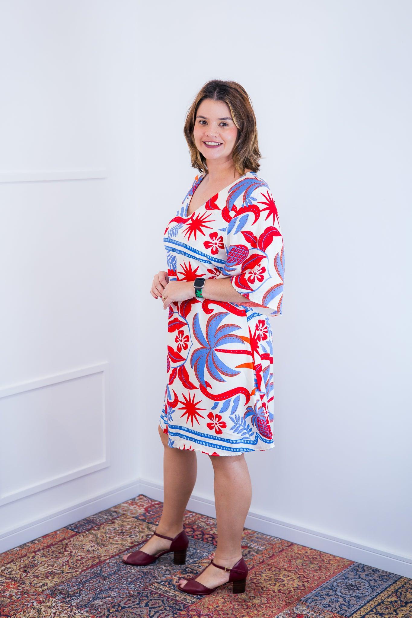 Vestido Sabrina - Decote V Manga Morcego em Viscolinho - Bazar Online