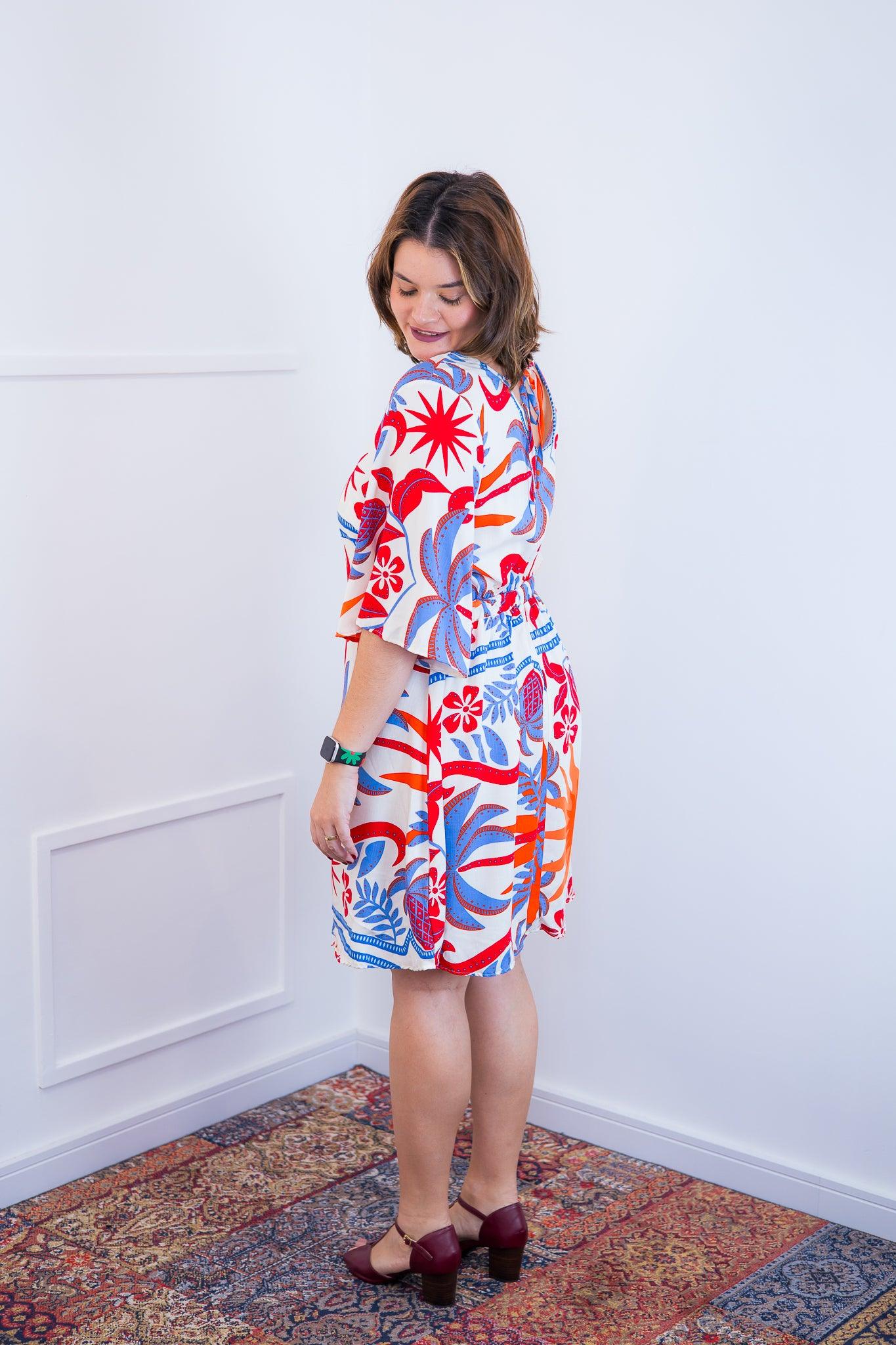 Vestido Sabrina - Decote V Manga Morcego em Viscolinho - Bazar Online