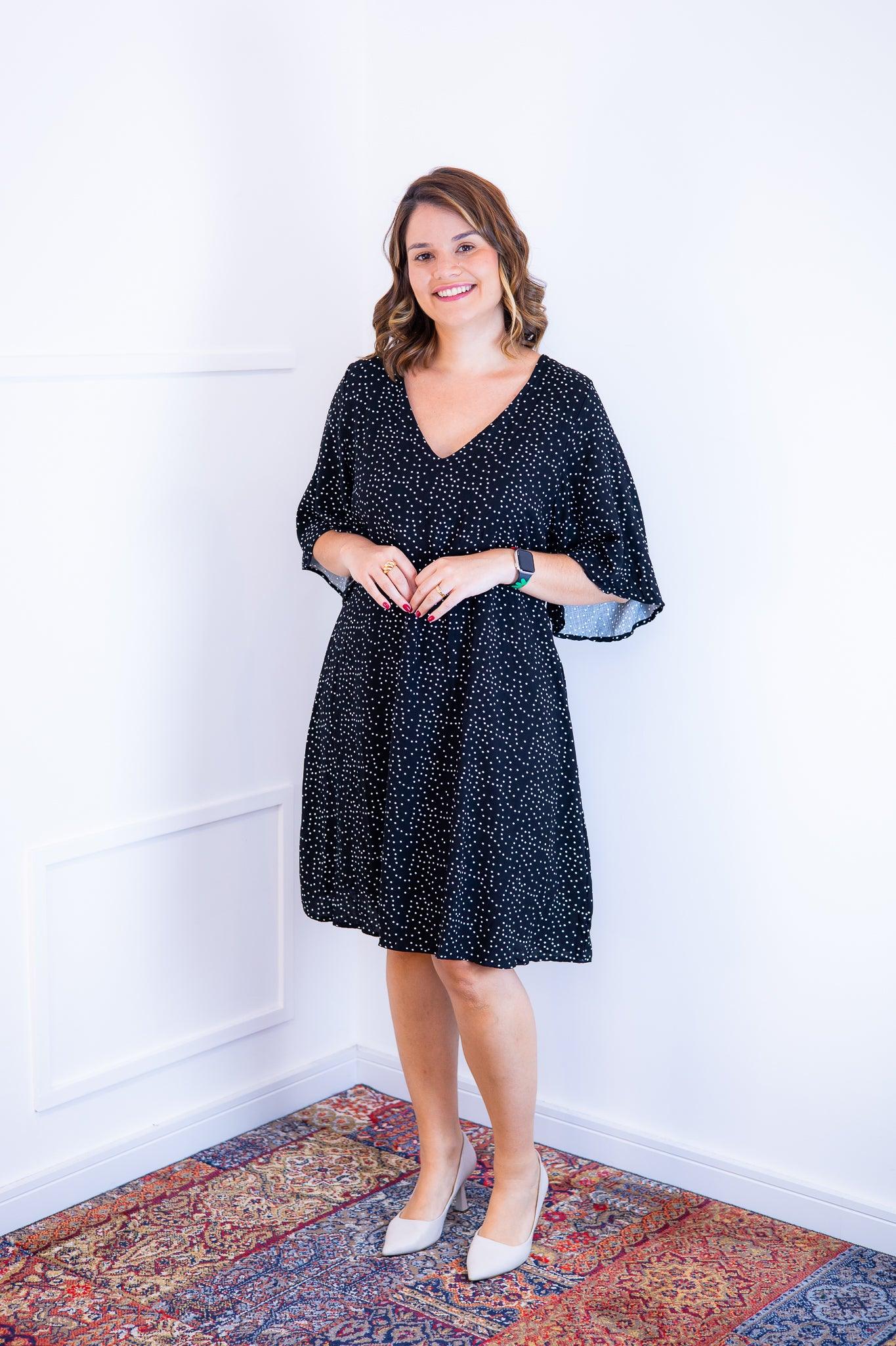 Vestido Sabrina - Decote V Manga Morcego em Viscolinho - Bazar Online