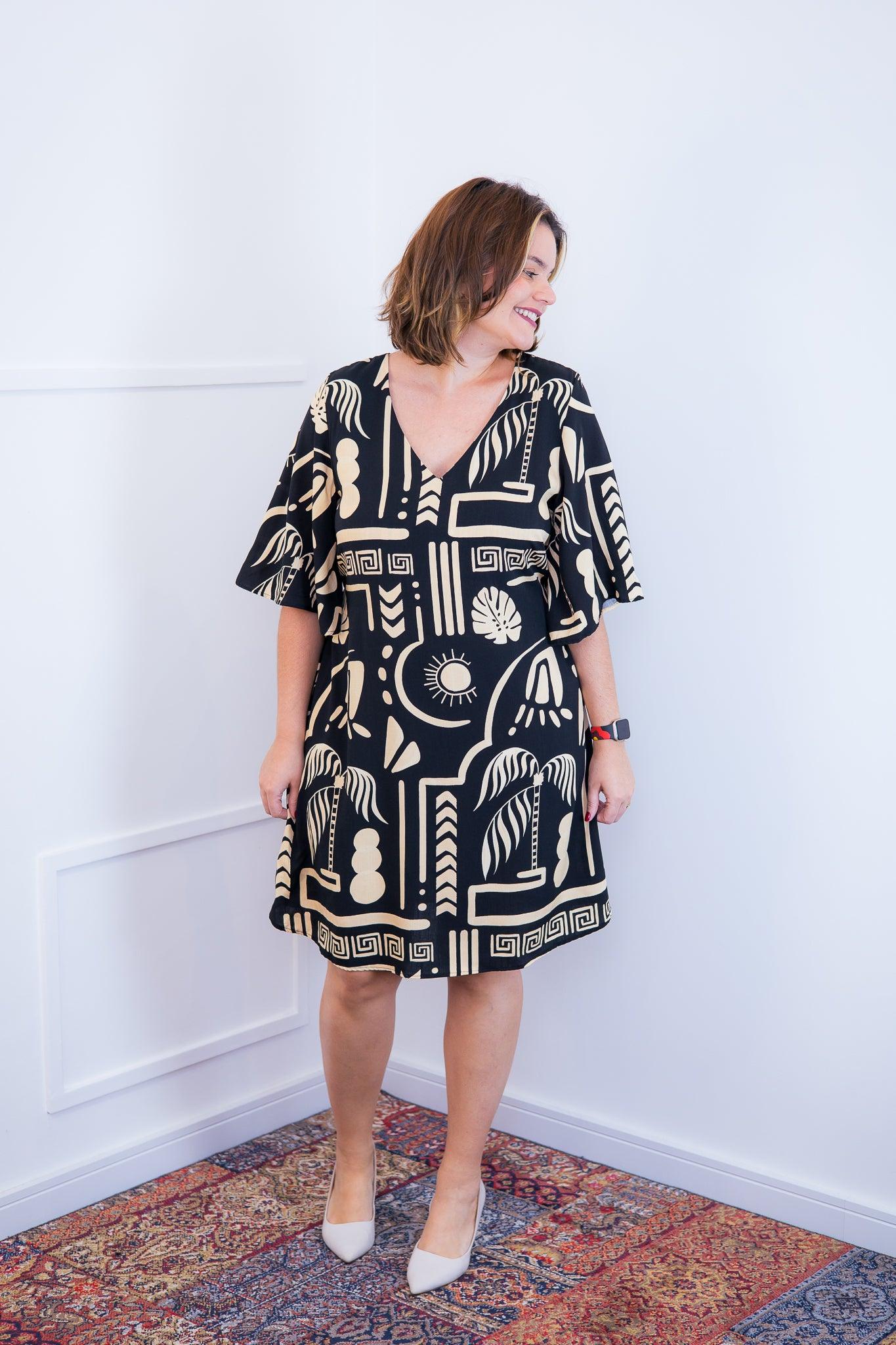 Vestido Sabrina - Decote V Manga Morcego em Viscolinho - Bazar Online