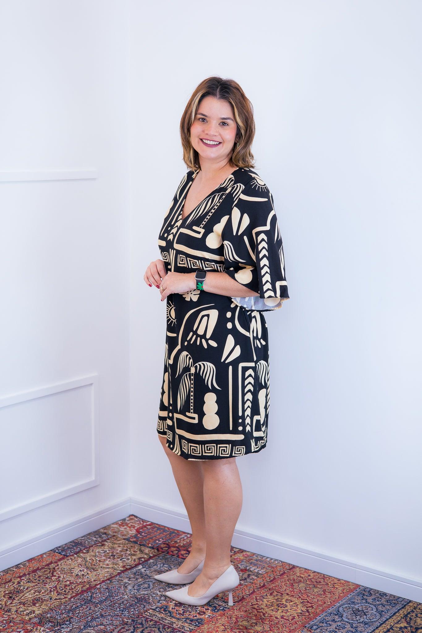 Vestido Sabrina - Decote V Manga Morcego em Viscolinho - Bazar Online