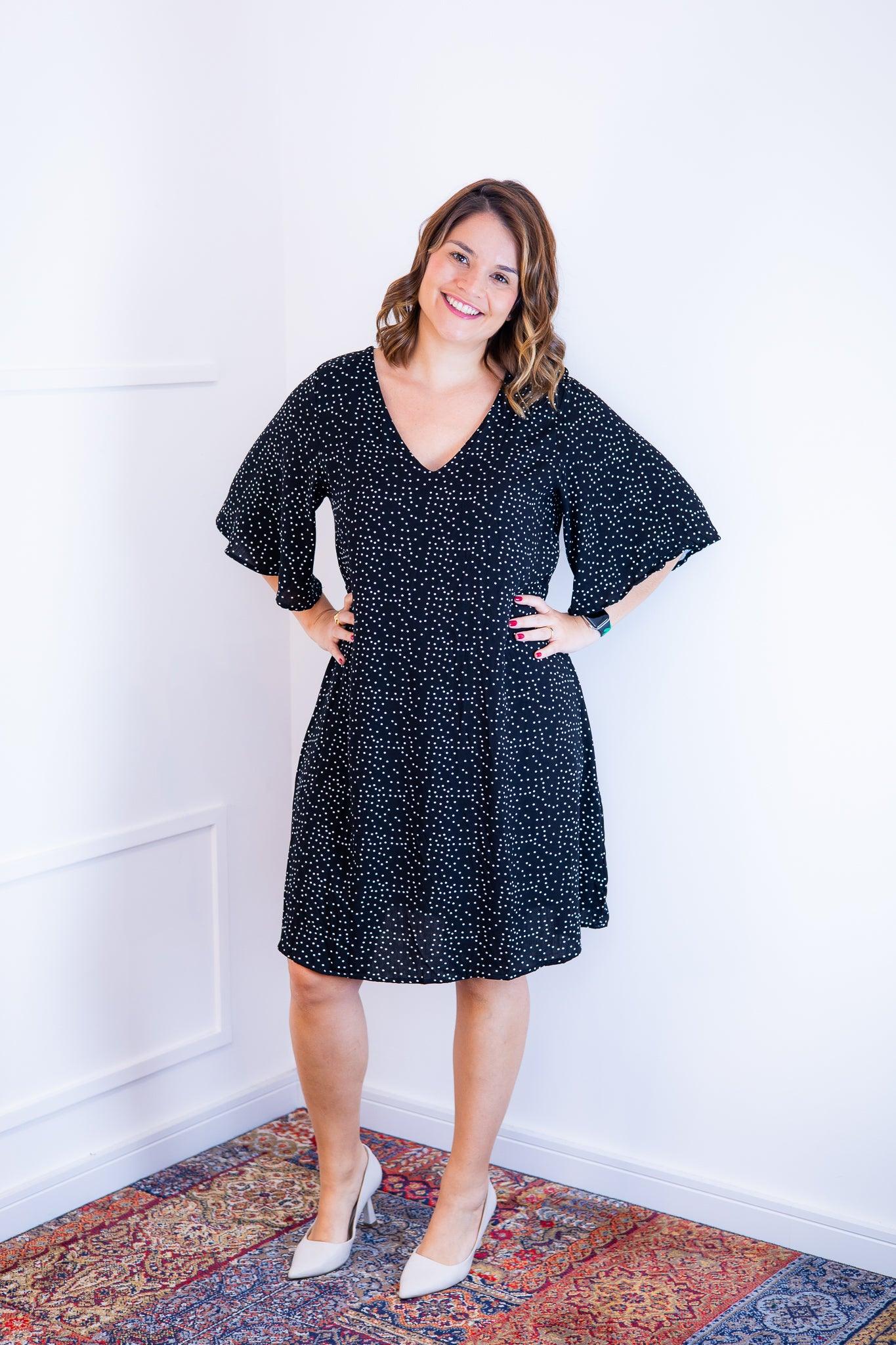 Vestido Sabrina - Decote V Manga Morcego em Viscolinho - Bazar Online