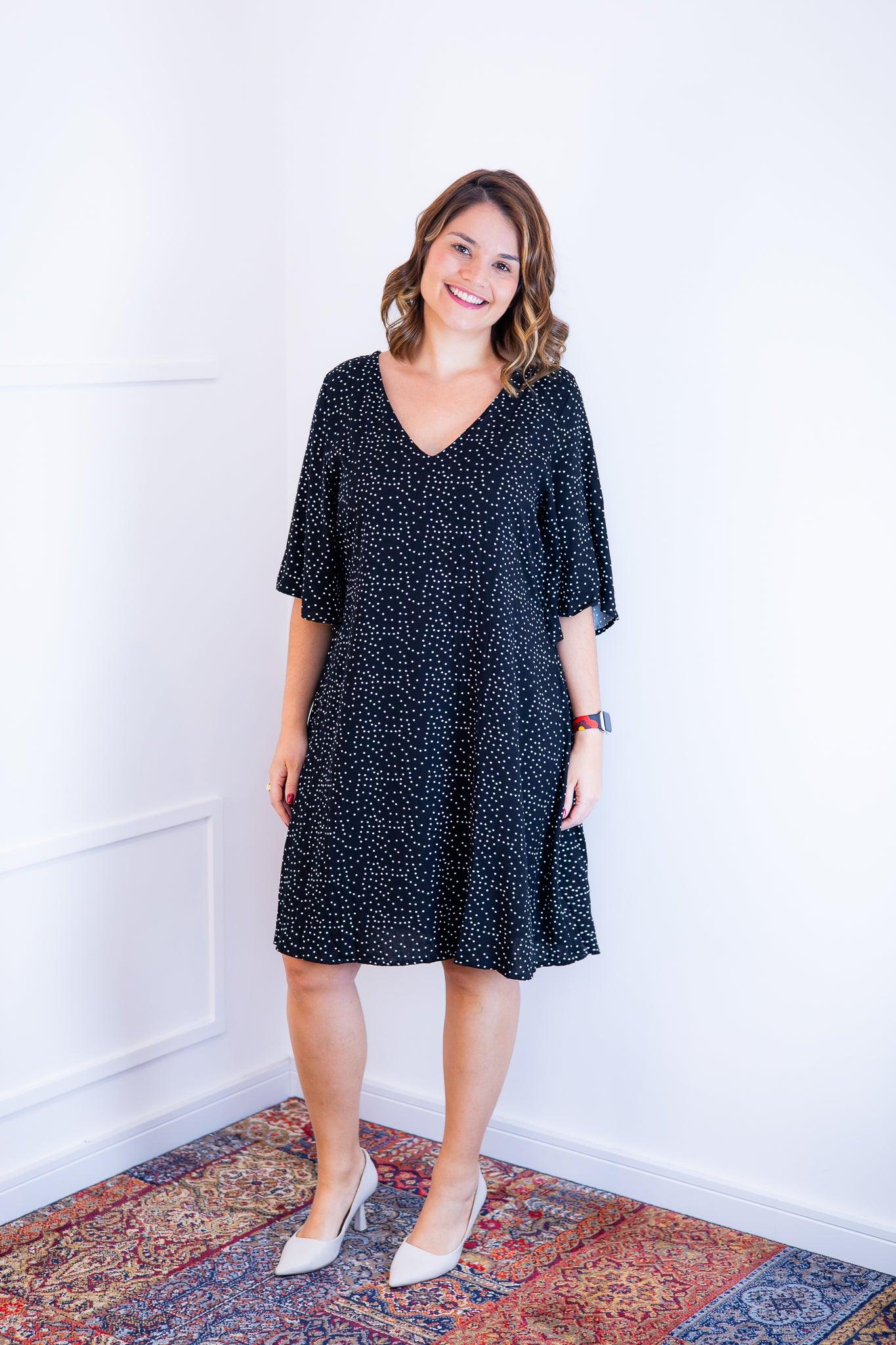 Vestido Sabrina - Decote V Manga Morcego em Viscolinho - Bazar Online