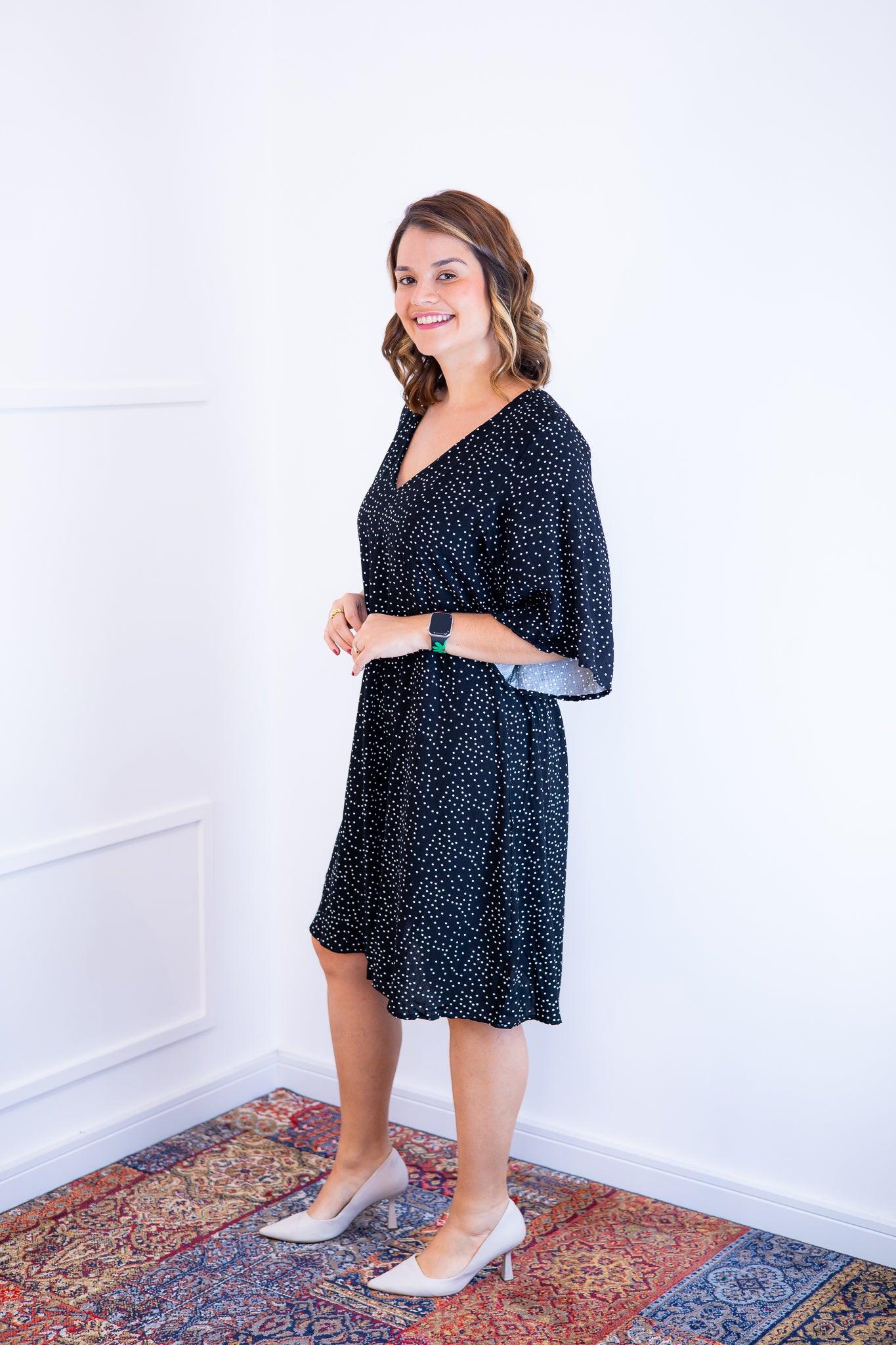 Vestido Sabrina - Decote V Manga Morcego em Viscolinho - Bazar Online