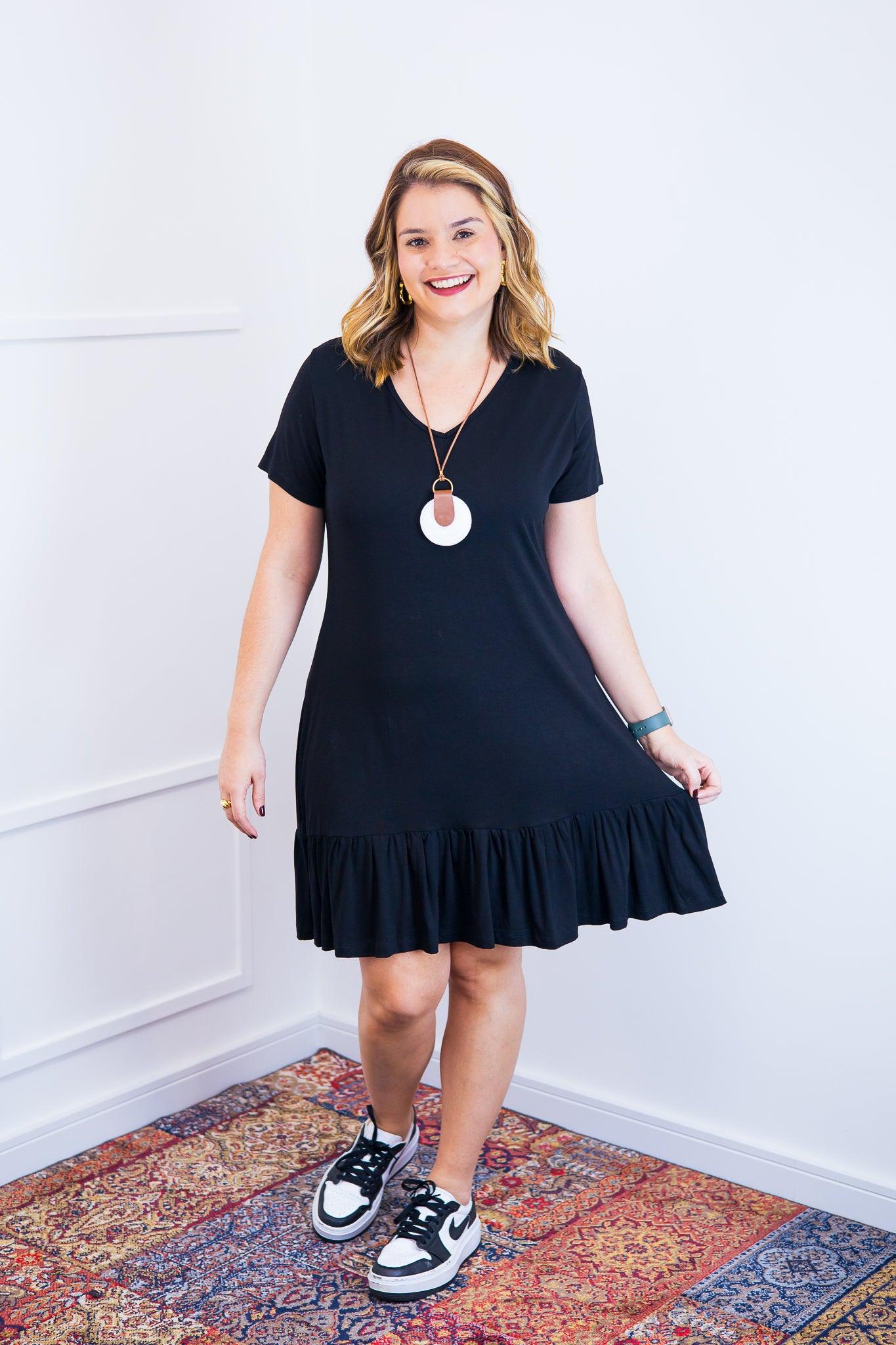 Vestido Verona - Babado Gola V e Manga Curta - Bazar Online