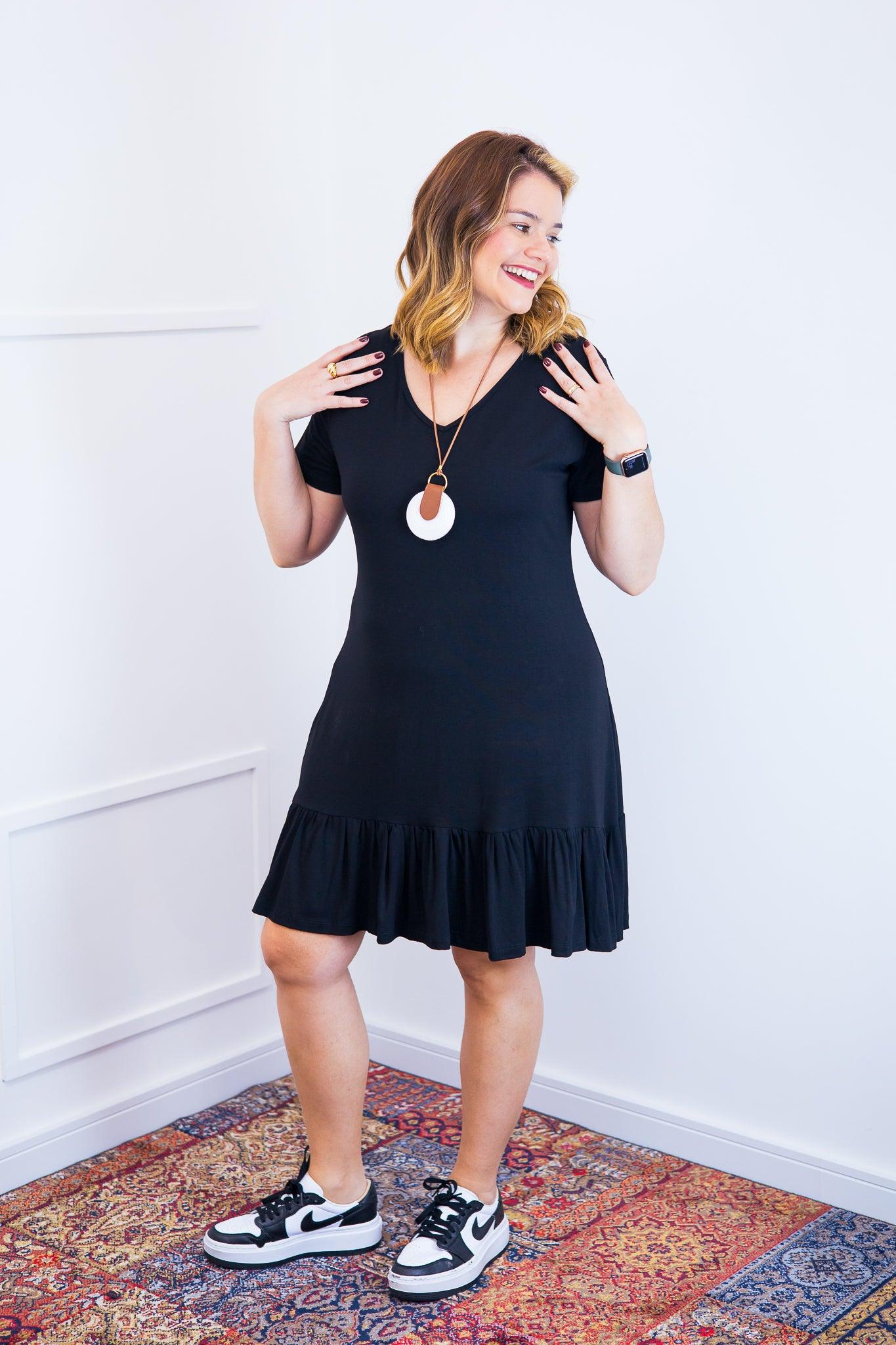 Vestido Verona - Babado Gola V e Manga Curta - Bazar Online