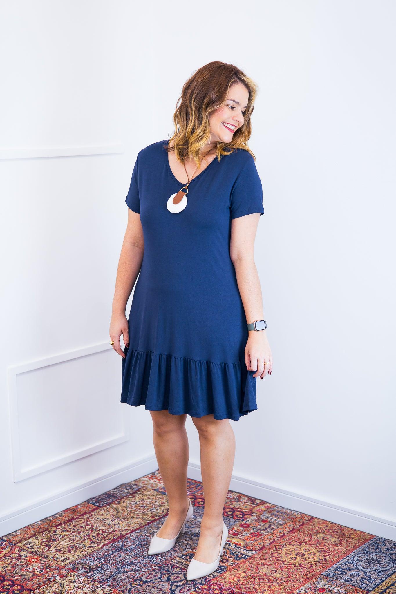 Vestido Verona - Babado Gola V e Manga Curta - Bazar Online