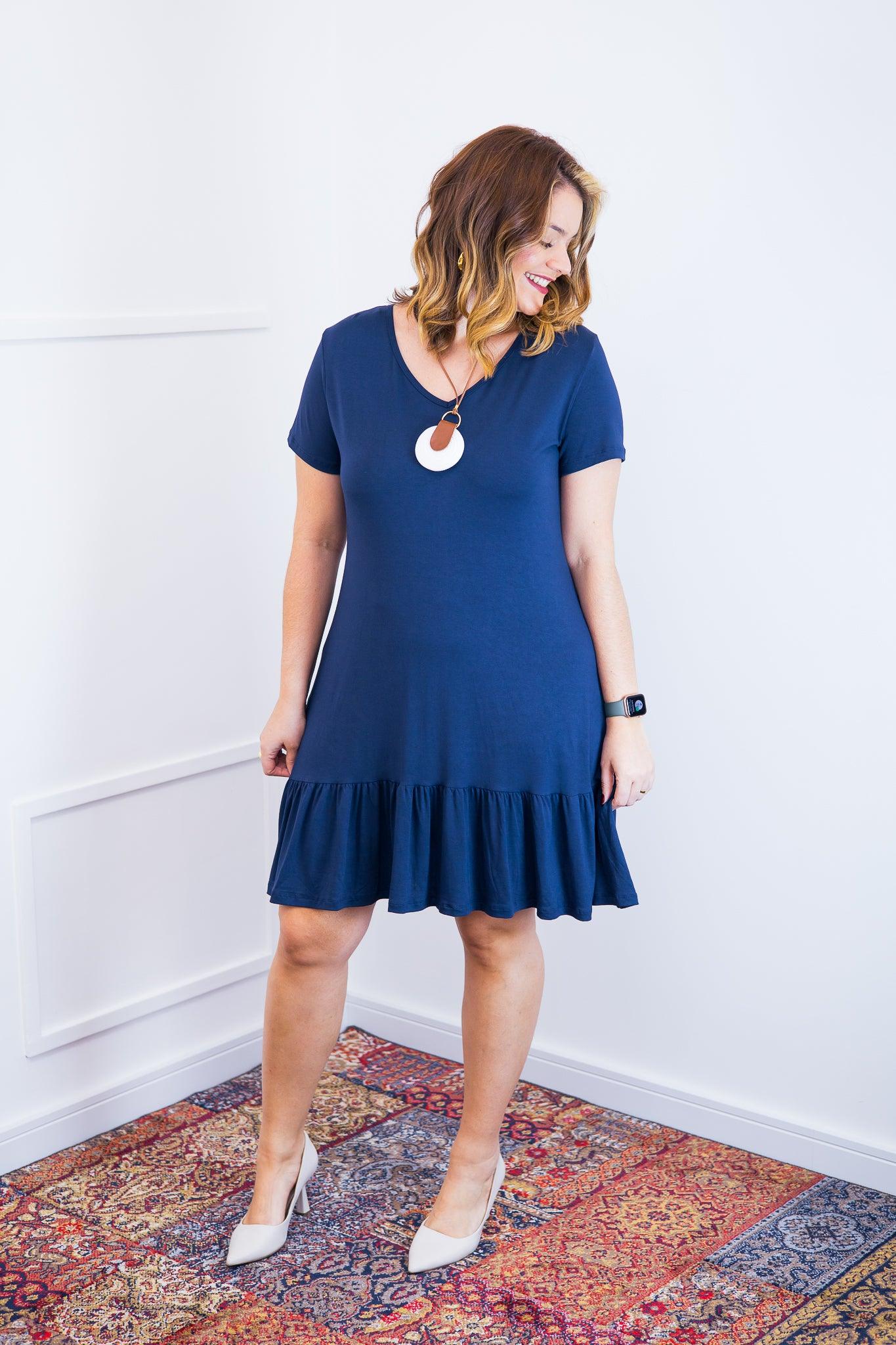 Vestido Verona - Babado Gola V e Manga Curta - Bazar Online