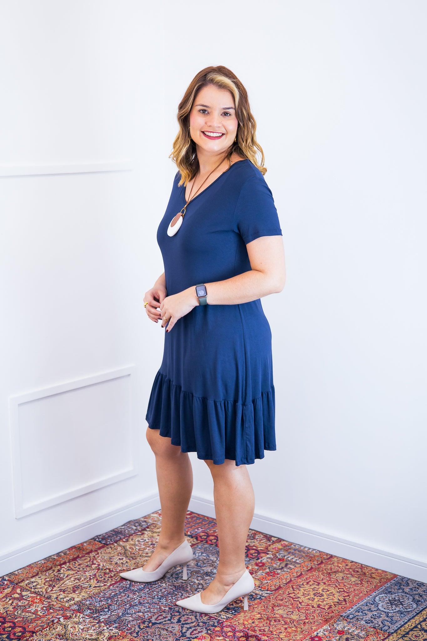 Vestido Verona - Babado Gola V e Manga Curta - Bazar Online