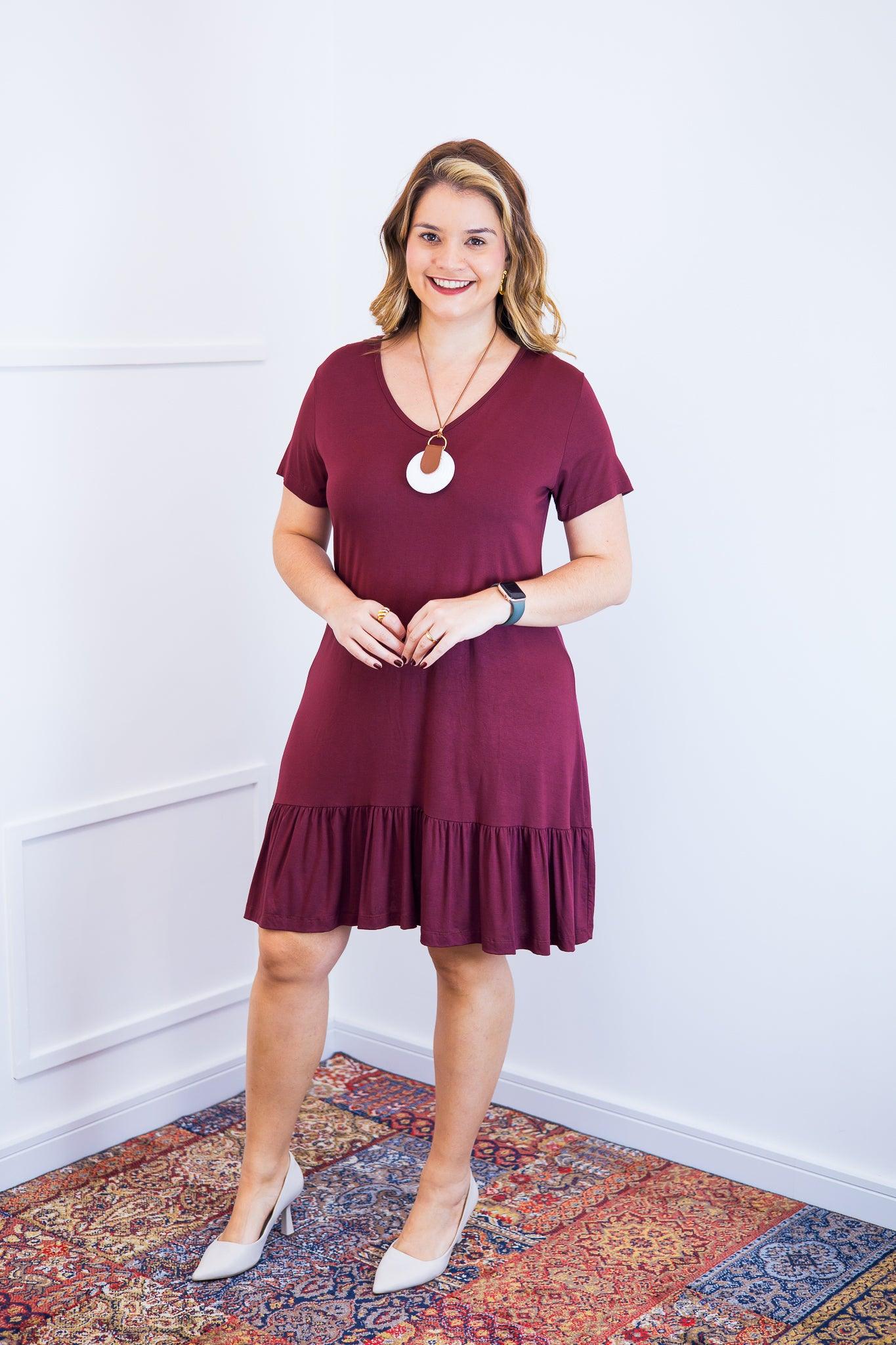 Vestido Verona - Babado Gola V e Manga Curta - Bazar Online